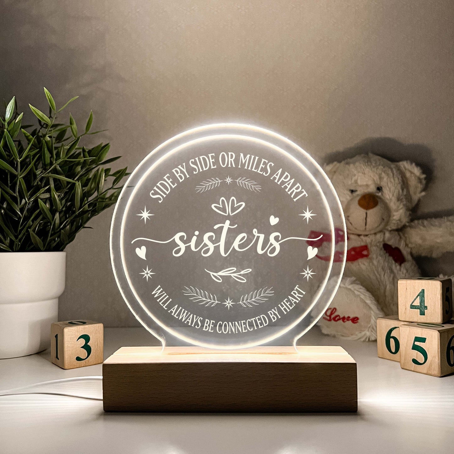 Family Moving Away Gift, Side By Side or Miles Apart,  Night Light LED, Wooden Base