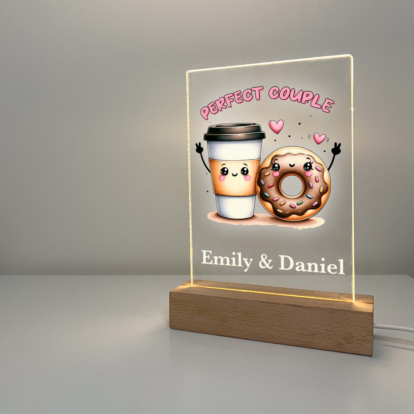 Personalized Coffee & Doughnut Perfect Match Desk Stand Light Up LED Lamp with Wooden Stand, Valentines Gift, Couples gift, Gift for her, Anniversary Gift