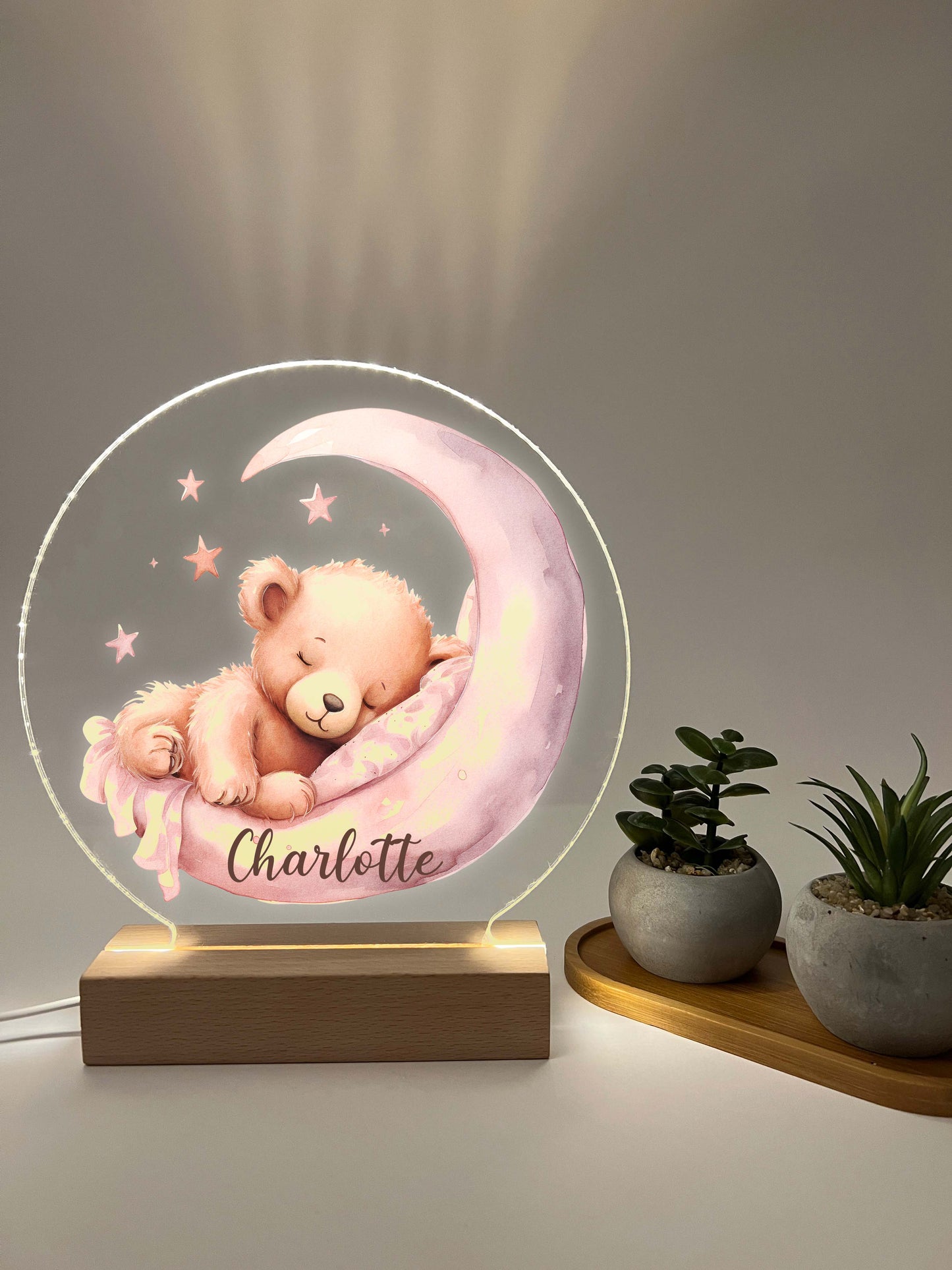 Personalized Cute Baby Pink Sleeping Bear Night LED Lamp For Kids Room, Cute Baby Gift, Custom Girls Boys Night Light, Nursery Decor, Night Light Gift, not arched