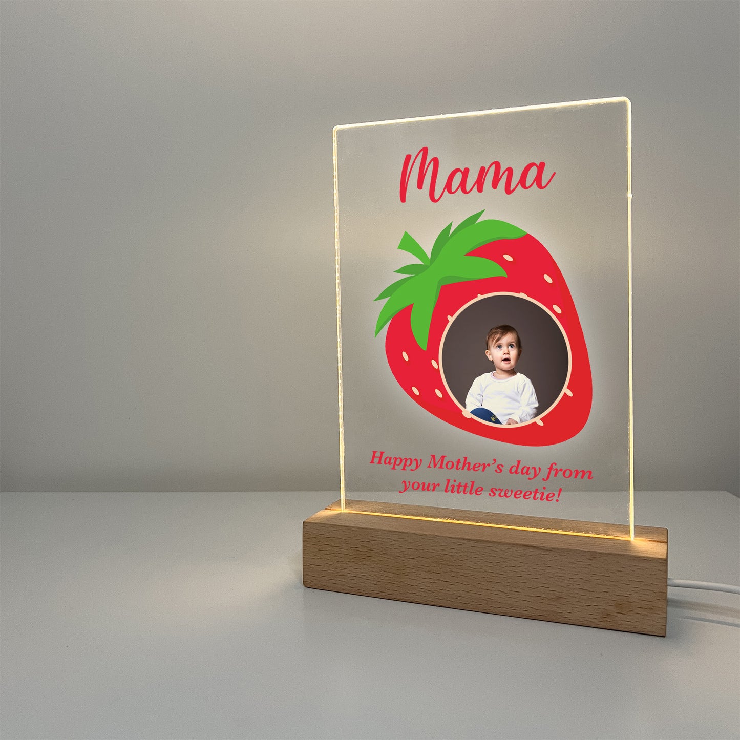 Photo Picture LED Wood Stand Strawberry Night Light Up Table Lamp Mom, Mommy, Mother's Day With Your Love Message Personalized Gift