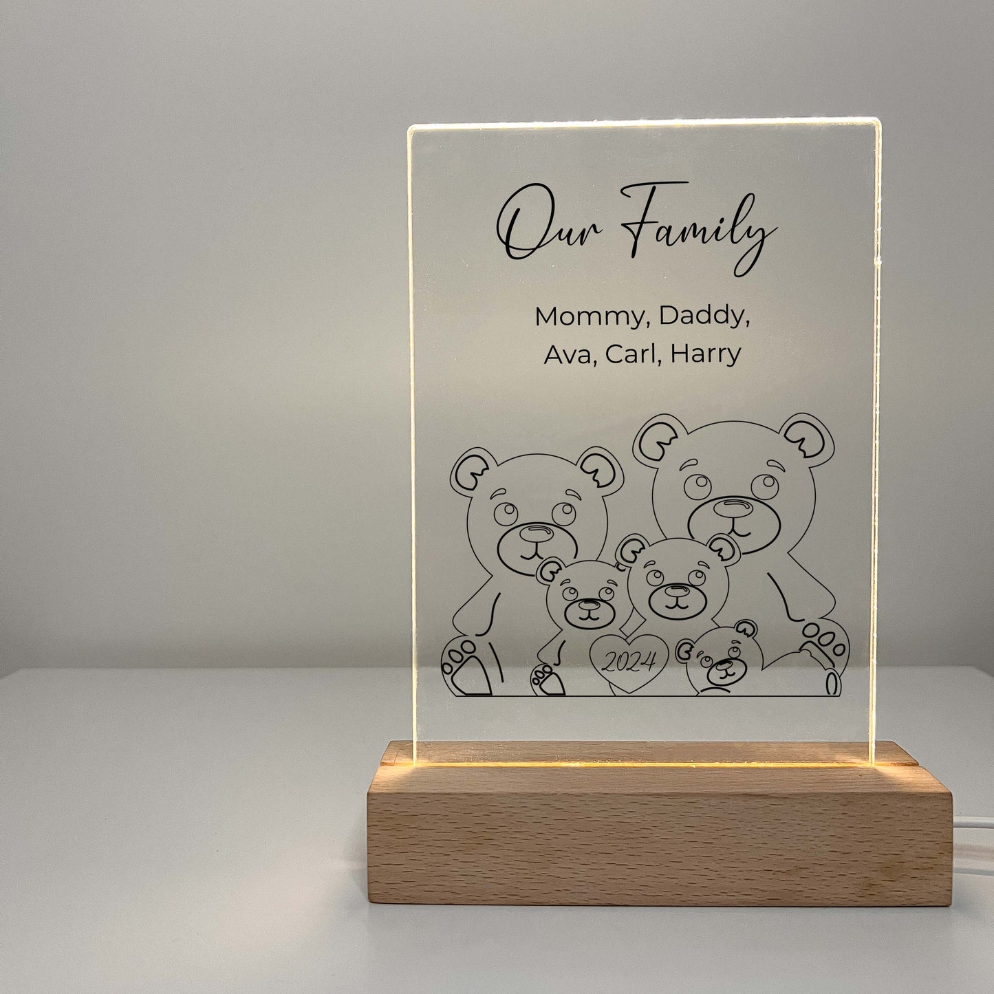 Family Bears LED Night Light Up Table Lamp, Wooden Base