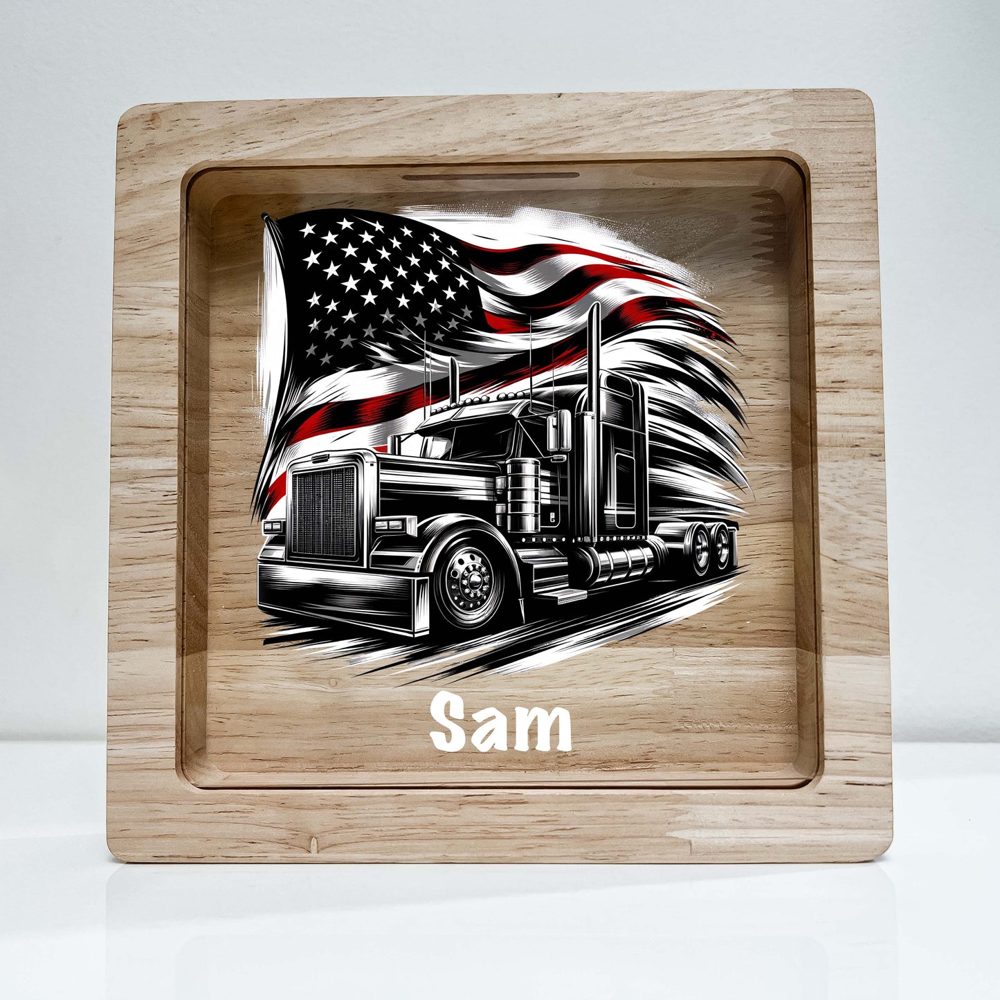 Personalized Savings Bank Boys Custom Money Box Semi Tractor Trailer American Flag USA Trucking 18 Wheeler Truck Heavy Equipment Themed Gift