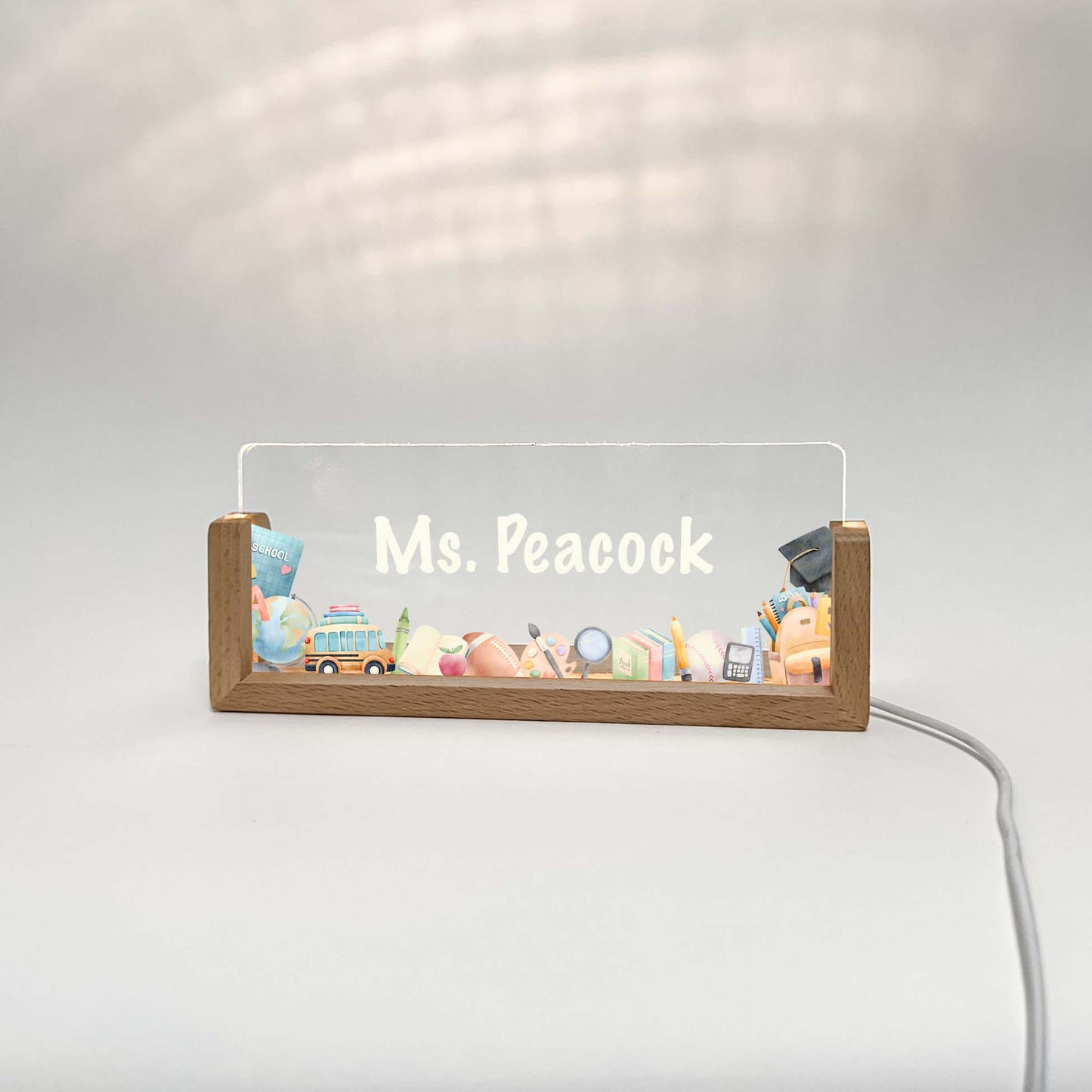 Personalized Teacher School Classroom Desk Name Plate With Wooden Base, Lighted LED Light Nameplate, Desk Accessories, Teacher Gifts