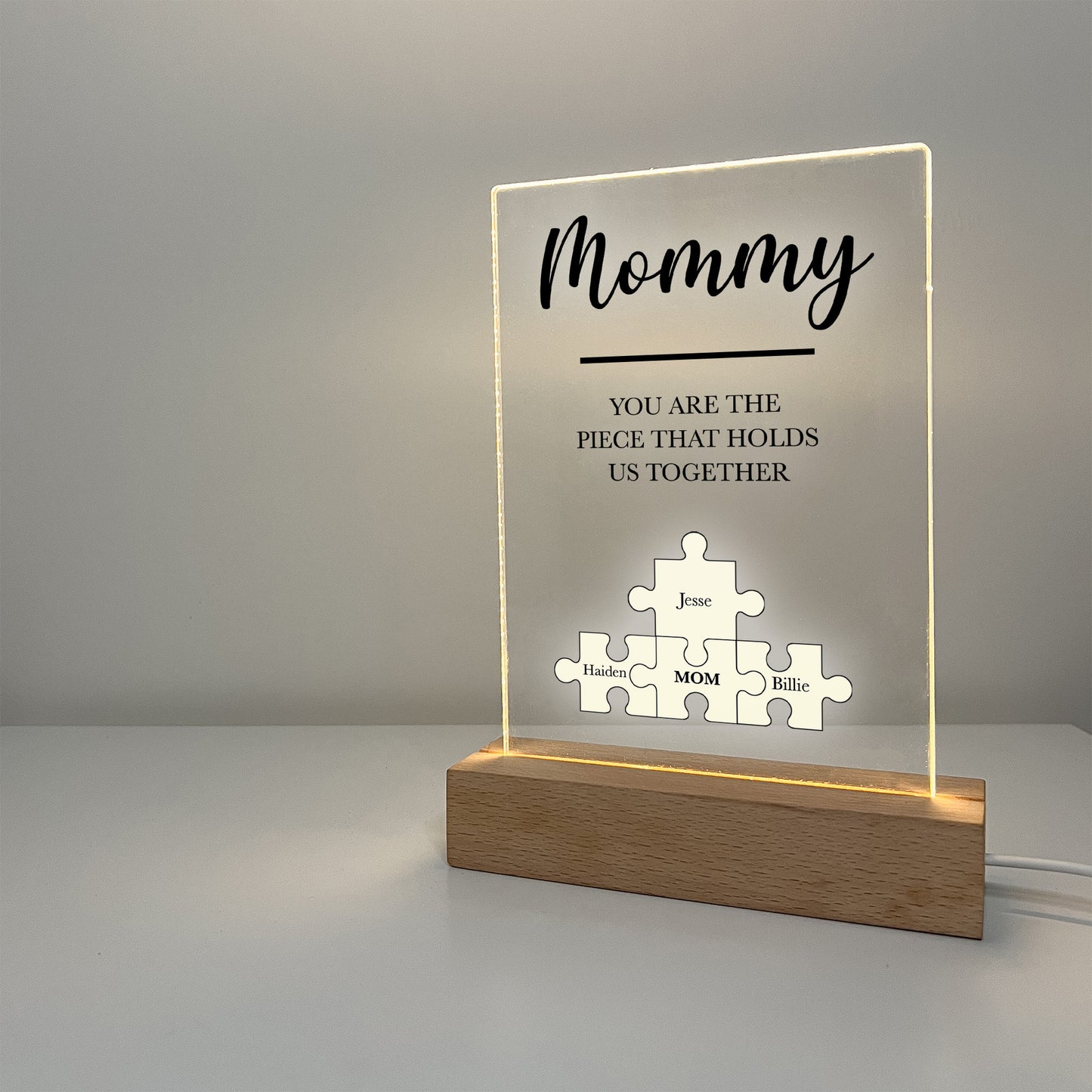 Personalized Custom LED Wood Stand Night Light Up Lamp Gifts For Mom Puzzle Piece You are the piece that holds us together & Children's Name