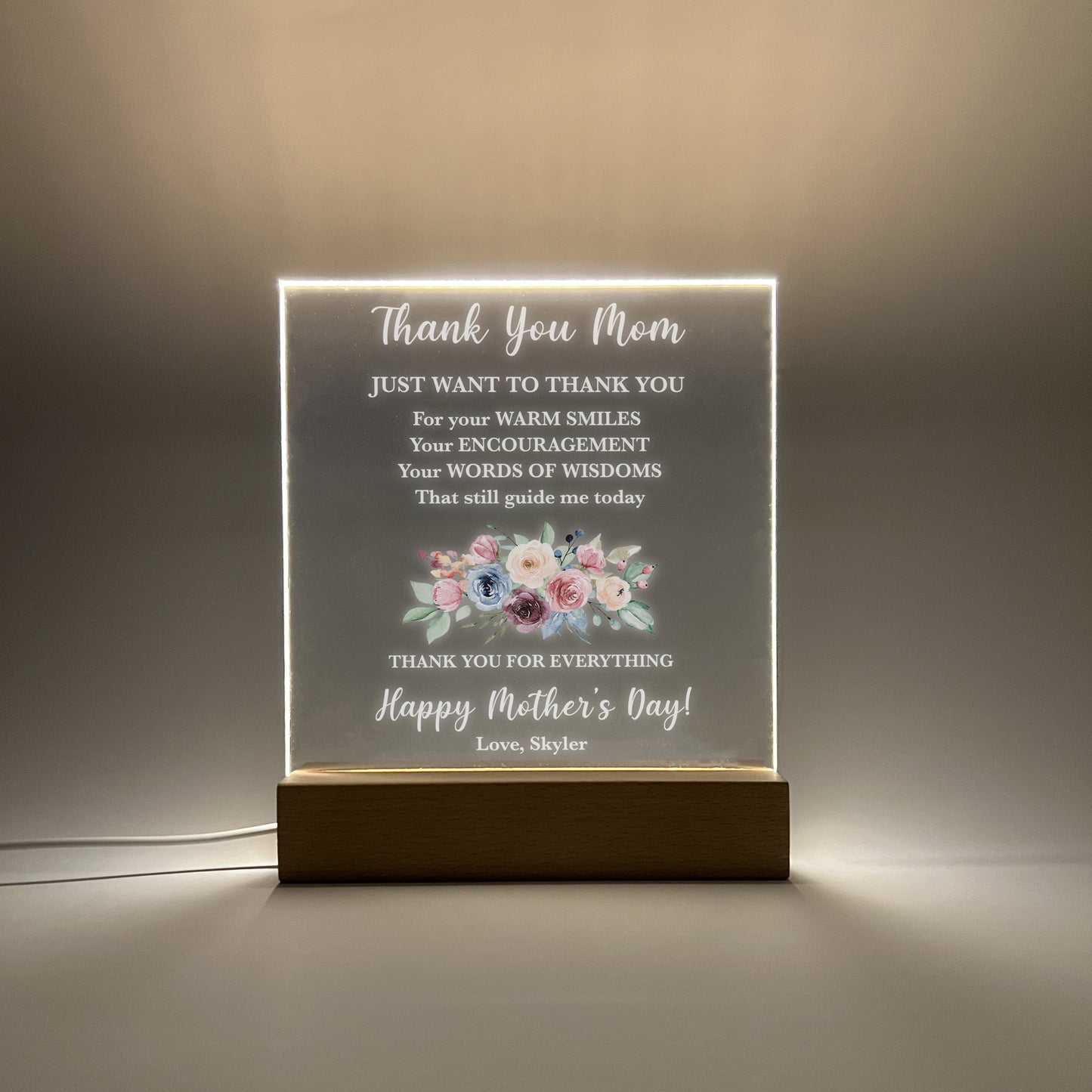 Personalized Custom LED Wood Stand Frame Night Light Up Lamp, Gift For Mom, Words With Love Thank You Mom For Everything, Happy Mother's Day