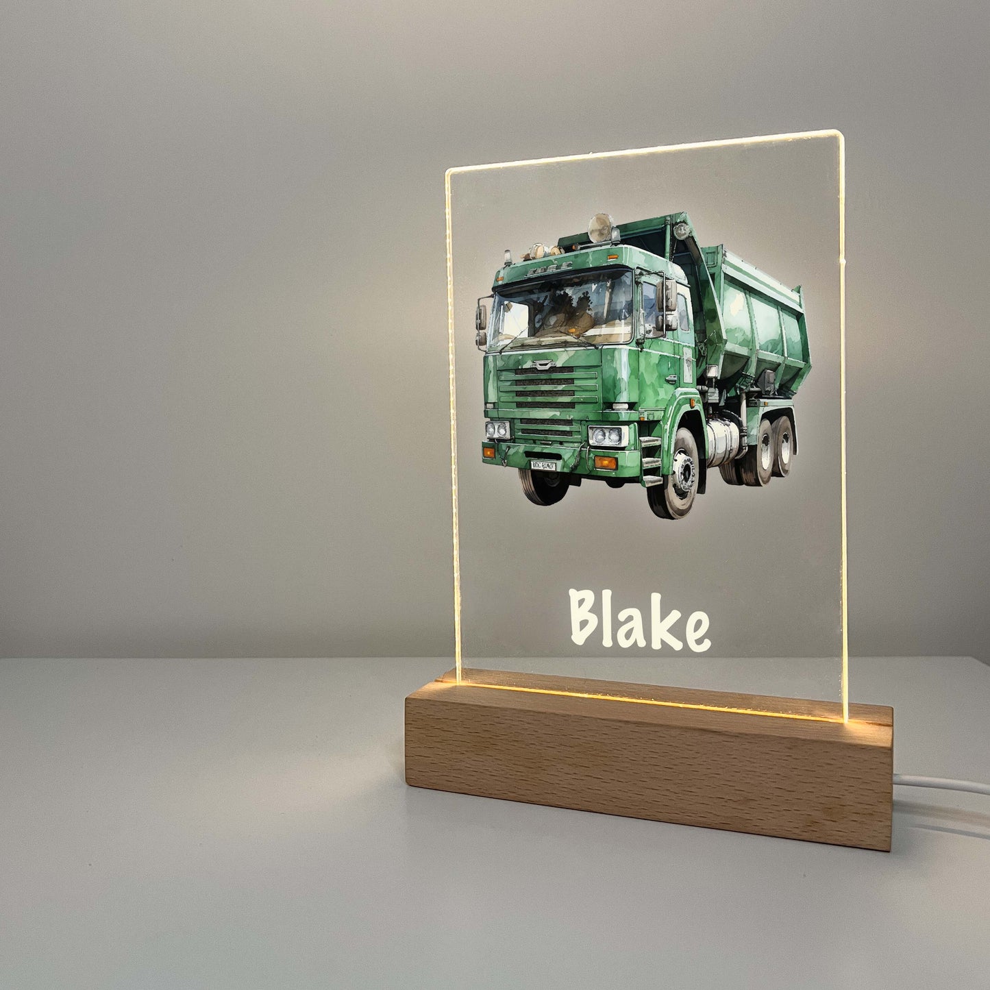 Personalized Boys Garage Truck LED Lamp with Wooden LED Stand, Sanitation Garbage Trash Truck Dumping Trailer Heavy Duty Equipment Themed Gift