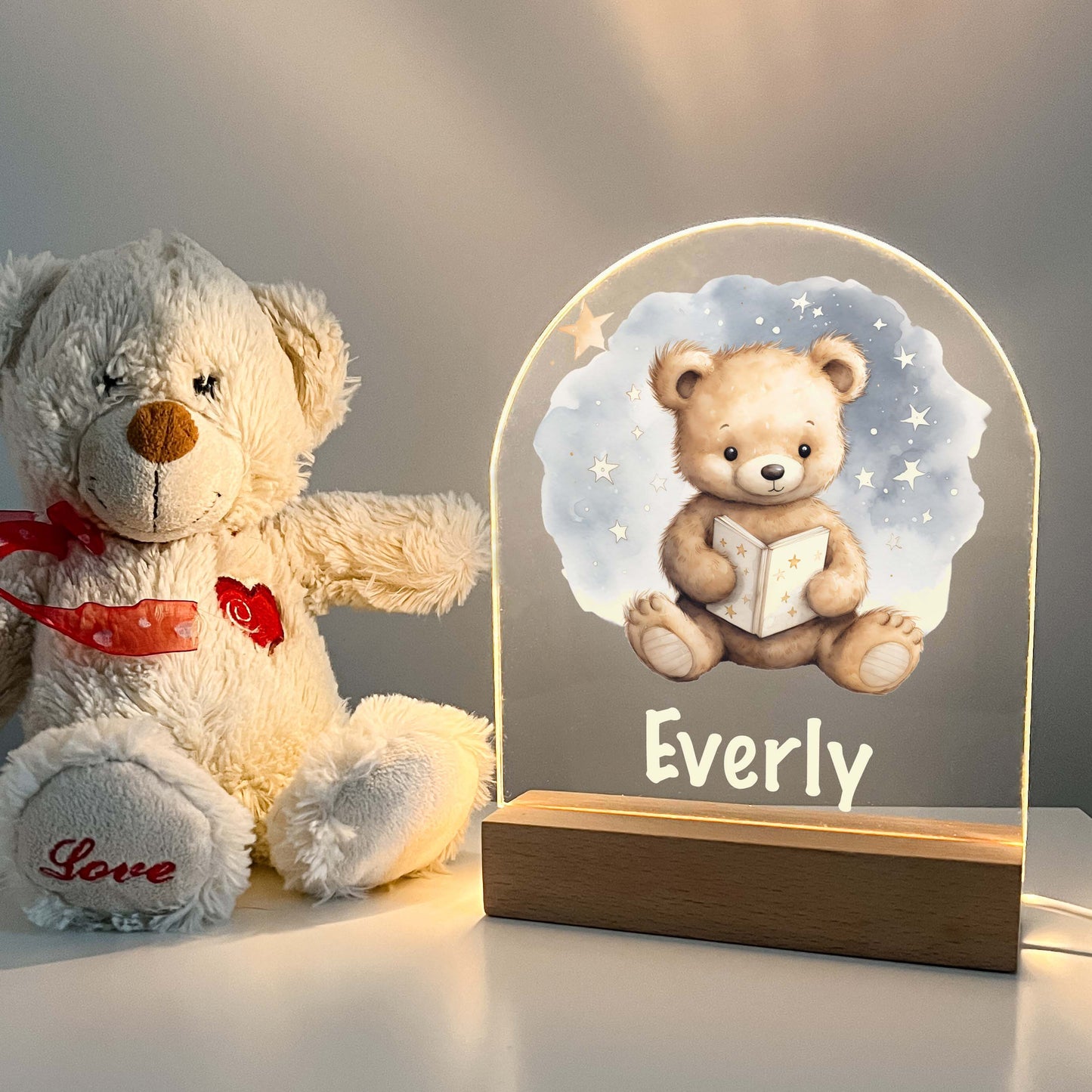 Personalized Teddy Bear Bedtime Book Story Night LED Lamp For Kids Room Baby Nursery Gift, Girls Boys Night Light, Bedroom Decor