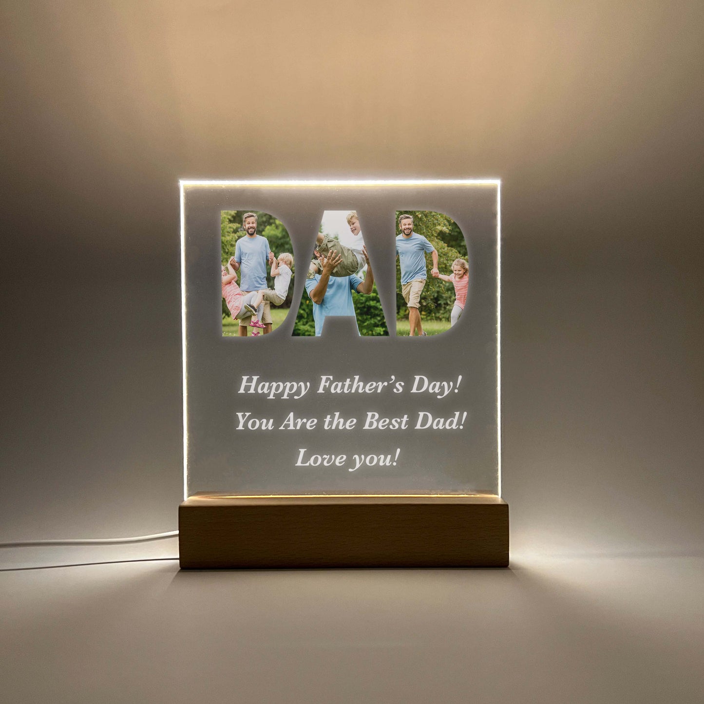 Personalized Happy Father's Day Gift, LED lamp with Wooden Stand, Custom Picture Frame, Father Daughter Photo Gift, Fathers Day Gift From Daughter, Gift For Dad, LED Light Up