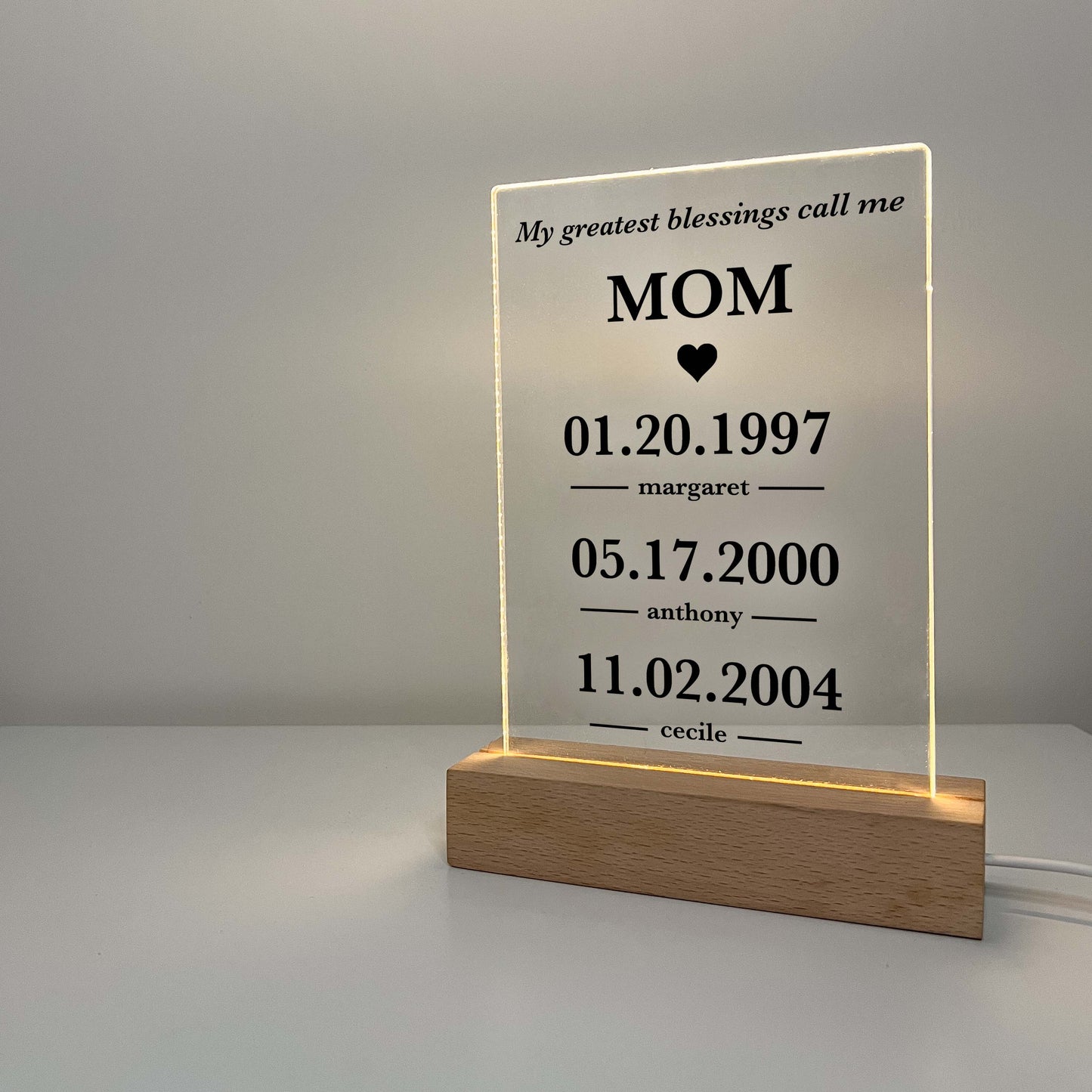 Custom Frame Personalized LED Night Lamp with Wooden Base, Gifts for Her, Dates, My Greatest Blessings Call Me Mom, Mommy Best Mother Day Gift With Children's Name & DOB