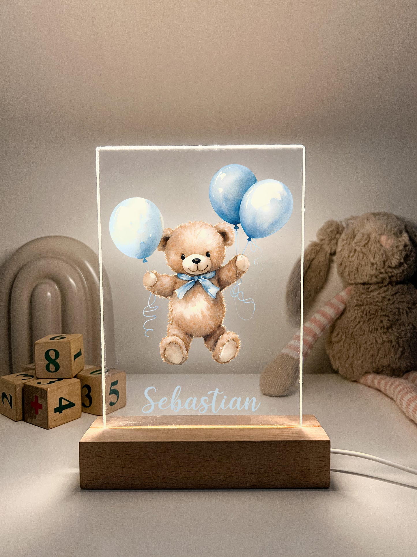 Personalized Cute Baby Blue Bear with Balloons Night LED Lamp For Kids Room, Cute Baby Gift, Custom Girls Boys Night Light, Nursery Decor, Night Light Gift, not arched