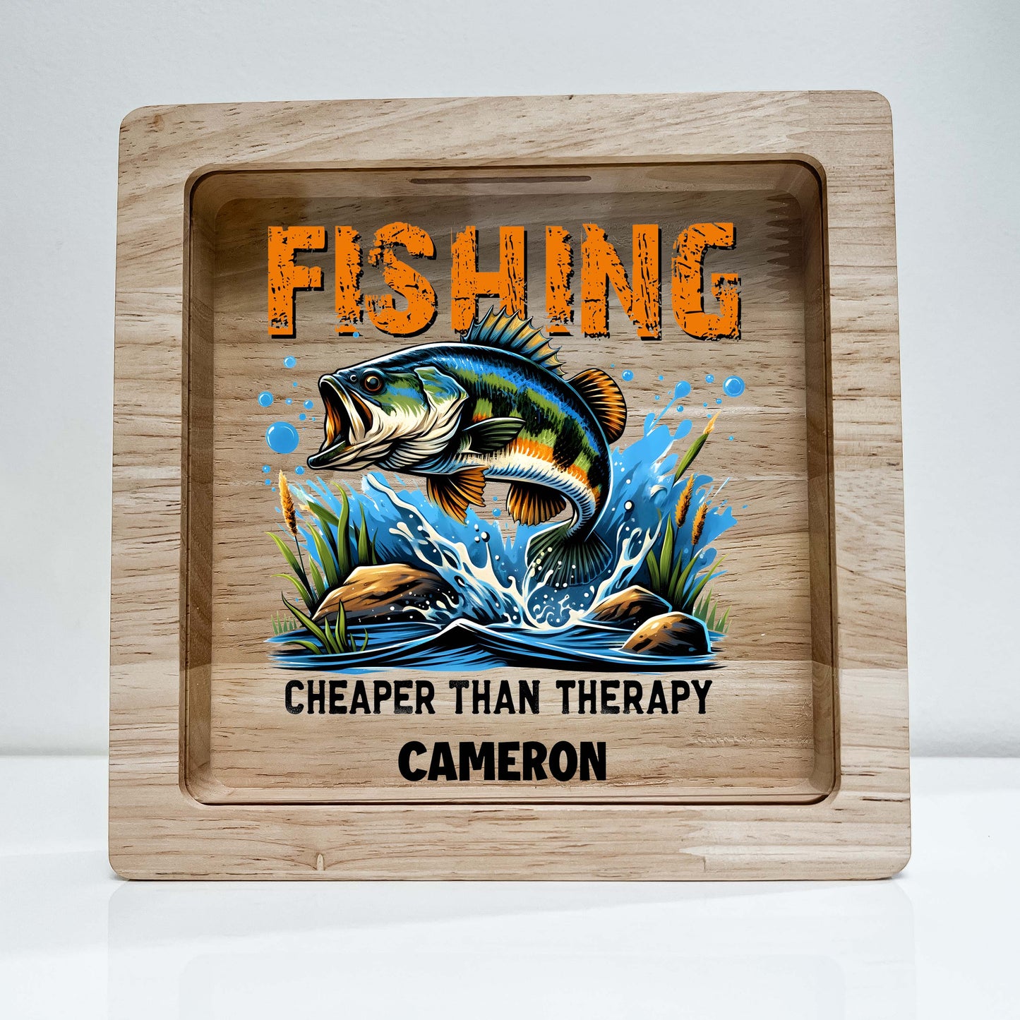 Personalized Savings Piggy Bank for Boys Custom Name Money Box Catching Fish Gone Fishing Cute Fishing Themed Nursery Toddler Boys Room Gift