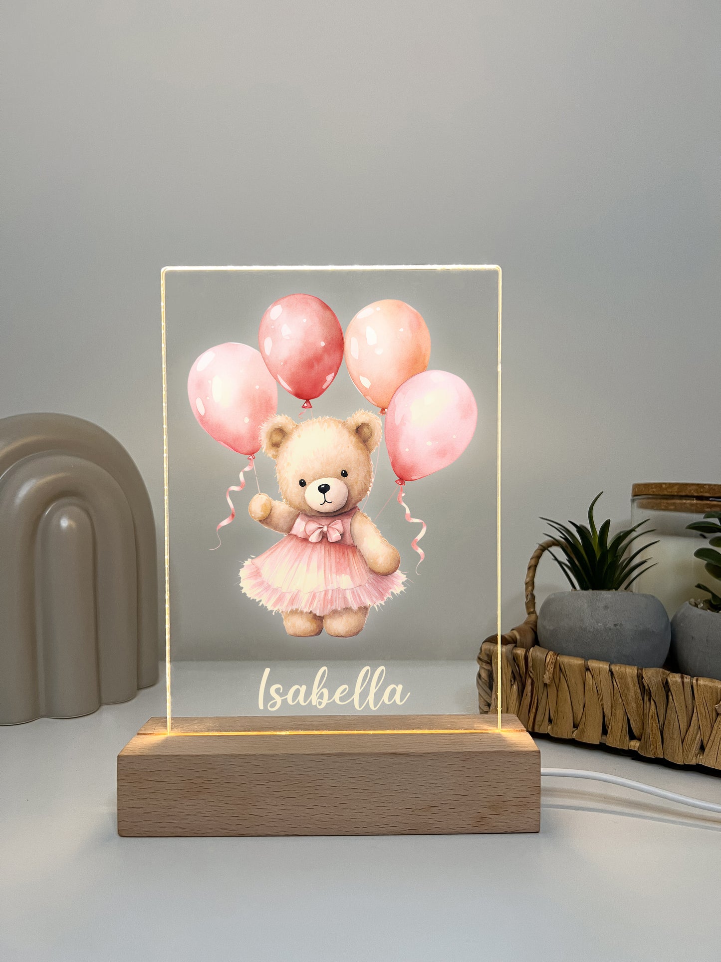 Personalized Cute Baby Pink Bear with Balloons Night LED Lamp For Kids Room, Cute Baby Gift, Custom Girls Boys Night Light, Nursery Decor, Night Light Gift, not arched