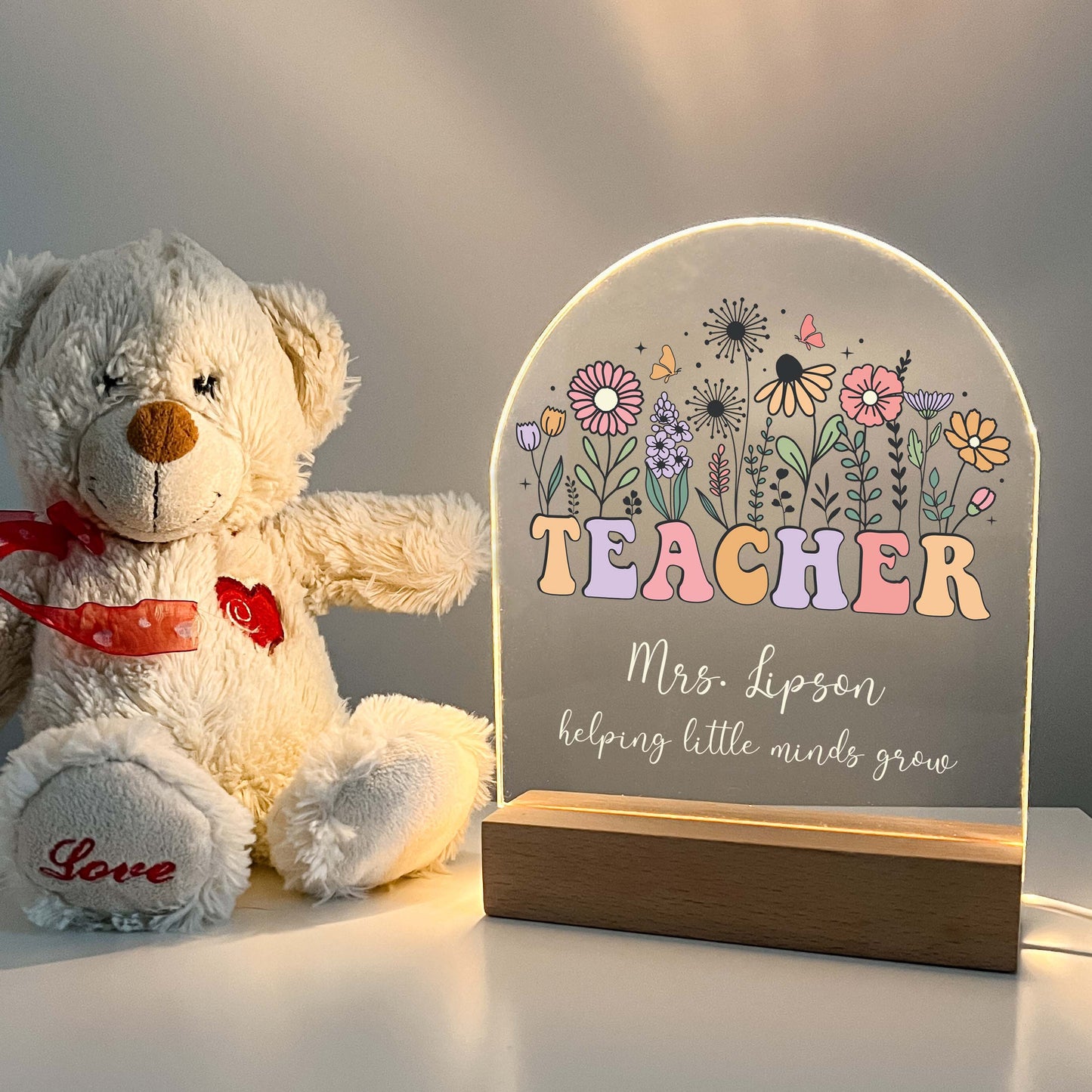 Perfect Teacher Appreciation Gift, Personalized Teacher Desk Name Plate, LED Light with Wooden Lamp, Gift for Teacher, End Of The Year Teacher Thank You Gift