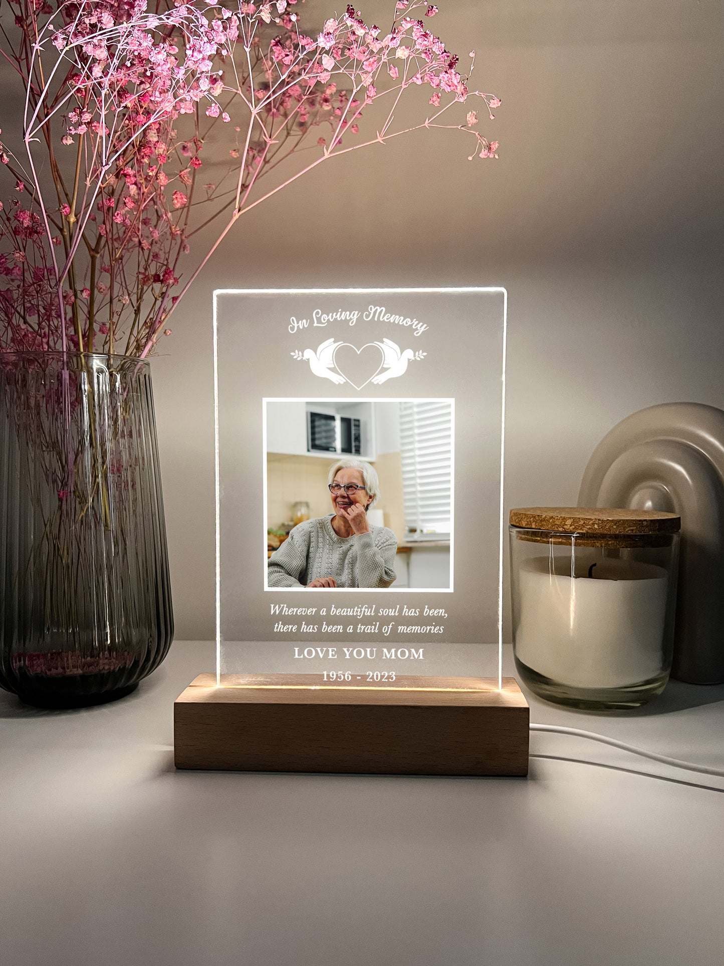 Personalized Unique Sympathy Gifts with Wooden Stand, For Loss Custom In Loving Memory Loved One Light Up Picture Frame Photo & Text Memorial Plaque Night Lamp