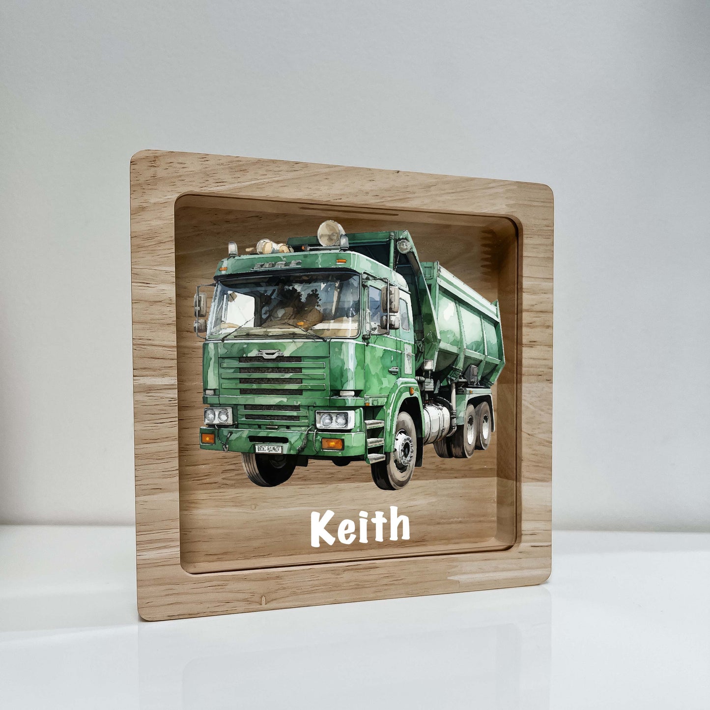 Personalized Savings Piggy Bank Boy Custom Name Money Box Sanitation Garbage Trash Truck Dumping Trailer Heavy Duty Equipment Themed Gift