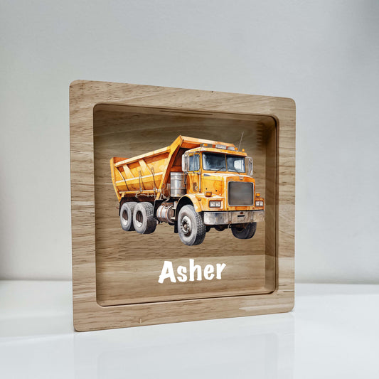 Personalized Savings In Style Piggy Bank Boys Custom Name Money Box Construction Dump Truck Dumping Trailer Heavy Duty Equipment Themed Gift