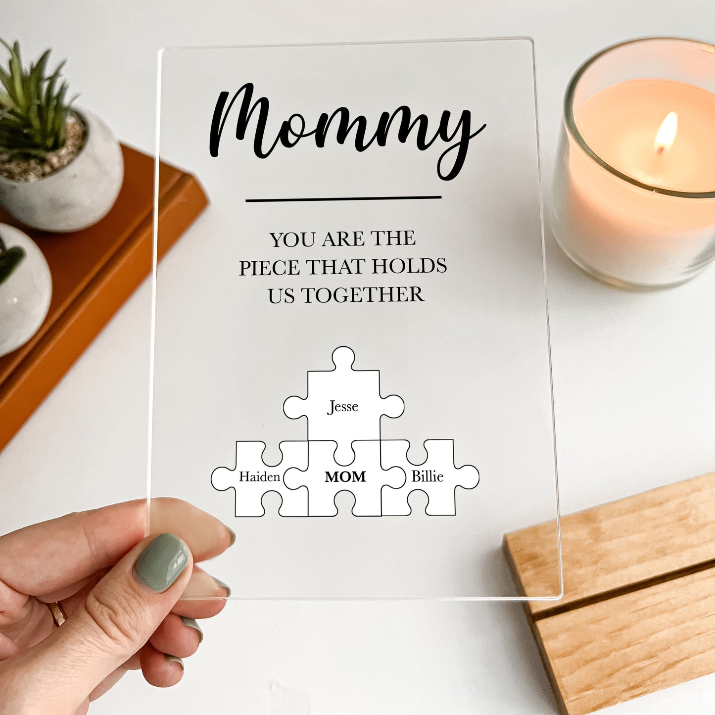 Personalized Custom Wood Stand  Gifts For Mom Puzzle Piece You are the piece that holds us together & Children's Name