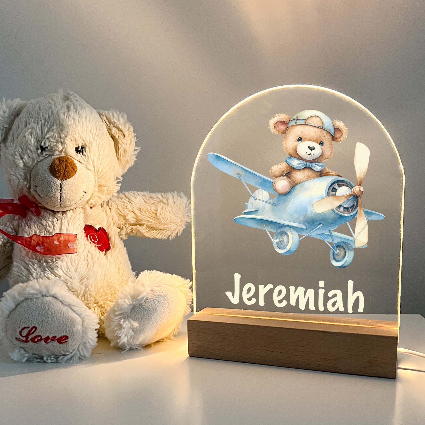 Personalized Cute Baby Bear with Airplane Night LED Lamp For Kids Room, Cute Baby Gift, Custom Girls Boys Night Light, Nursery Decor, Night Light Gift