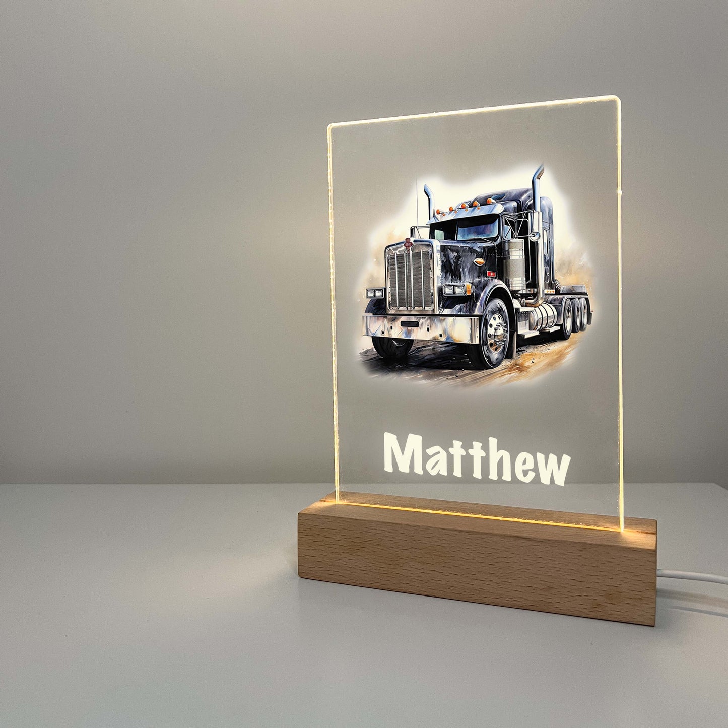 Personalized LED Wood Stand Night Light Up Table Lamp Boys Room Decor Heavy Duty Semi Truck Tractor Trailer, 18 Wheeler, Trucker's Best Gift