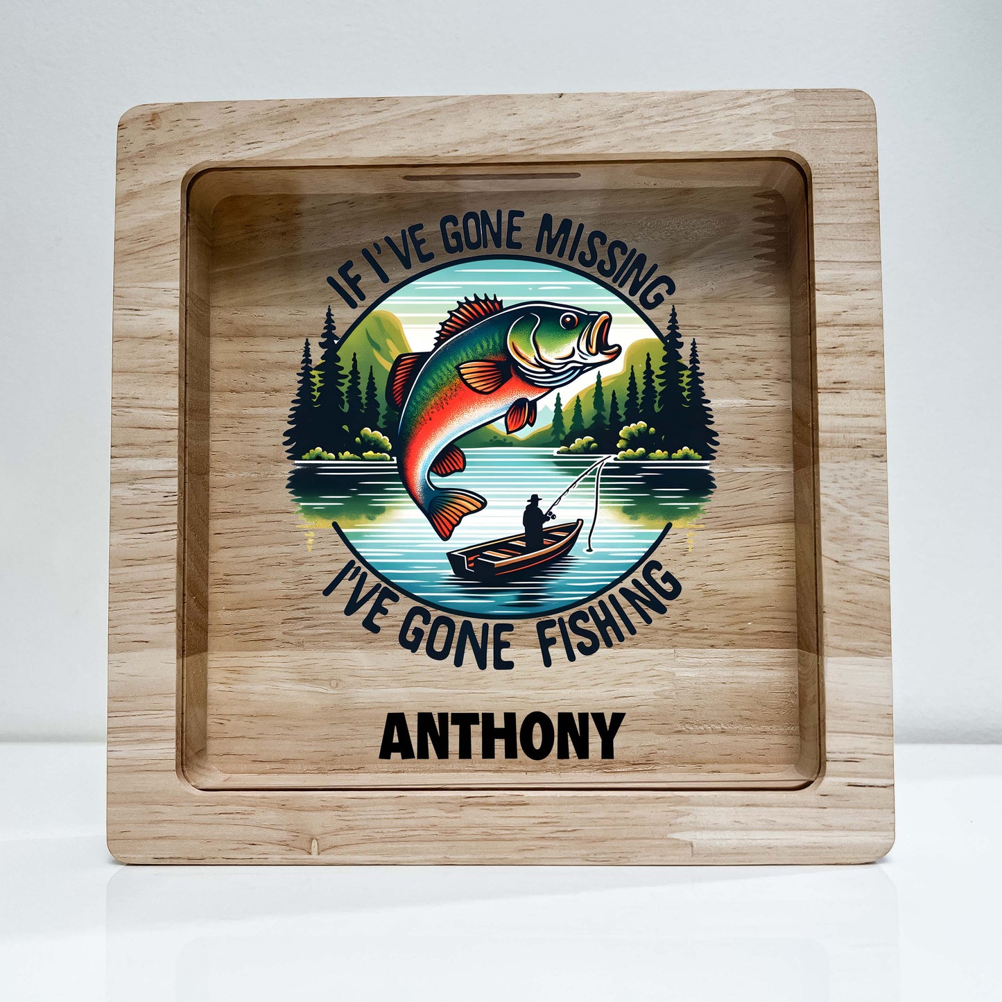 Personalized Savings Piggy Bank for Boys Custom Name Money Box Catching Fish Gone Fishing Cute Fishing Themed Nursery Toddler Boys Room Gift Fish Lover