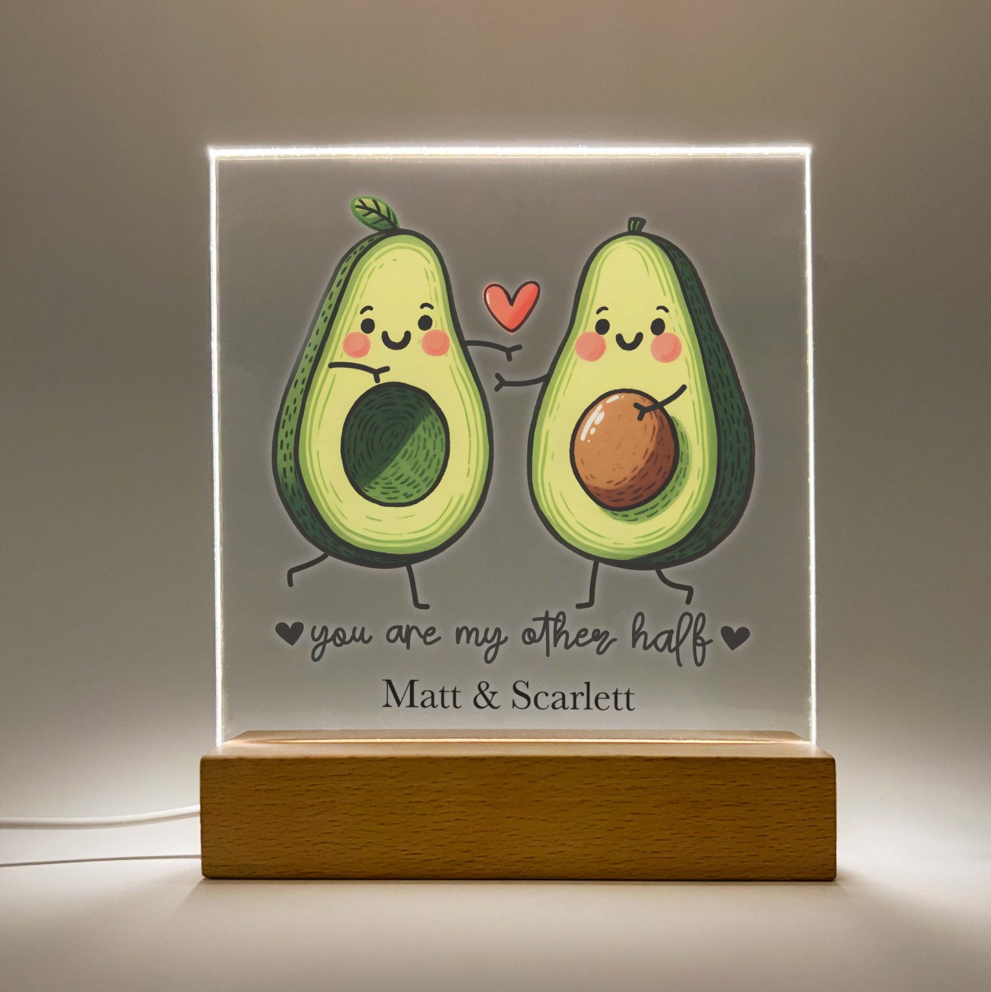 Personalized You Are My Other Half Avocado Desk Stand Light Up LED Lamp with Wooden Base, Valentines Gift, Couples Gift, Gift for her, Anniversary Gift