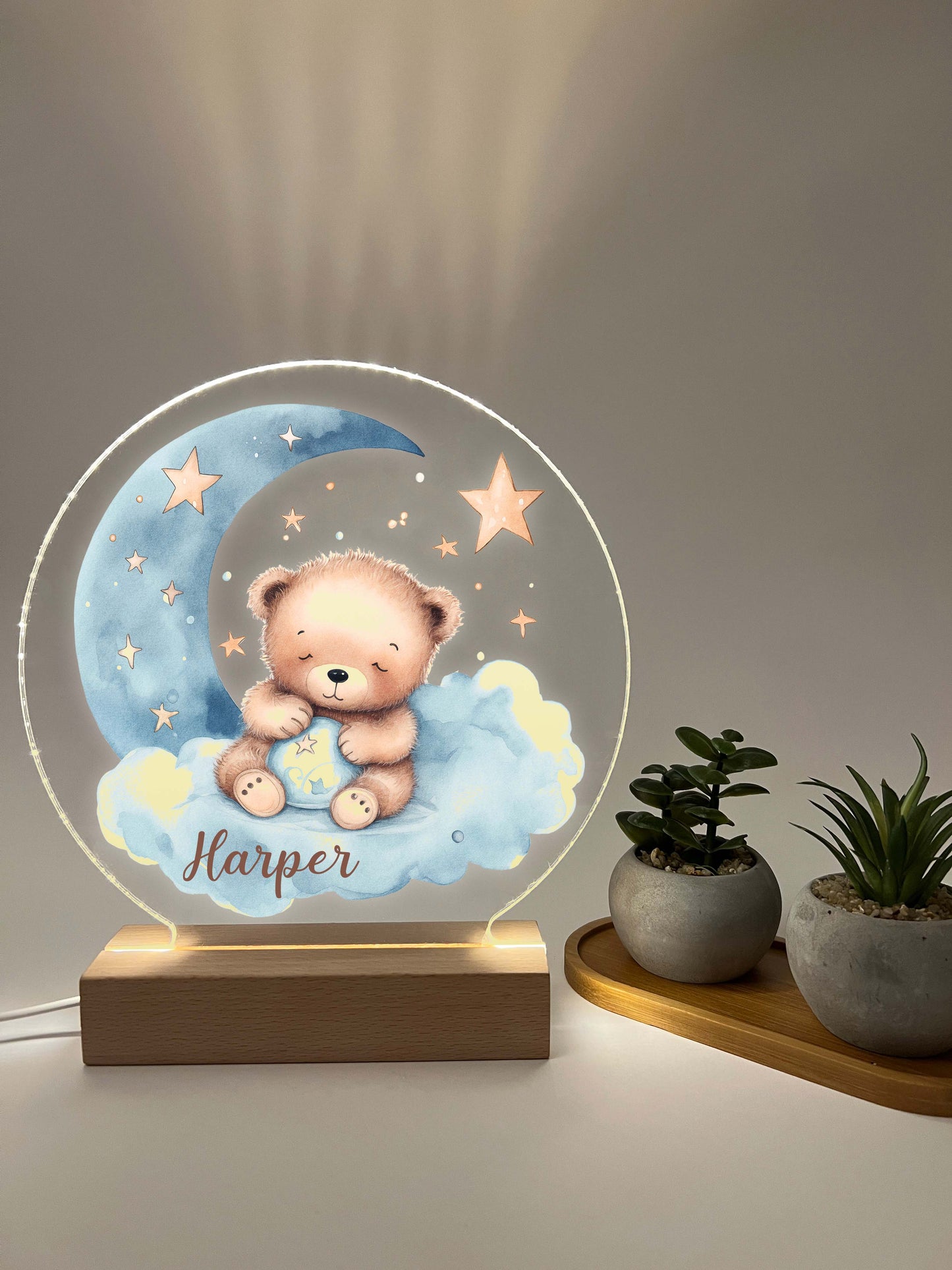 Personalized Cute Baby Blue Sleeping Bear Night LED Lamp For Kids Room, Cute Baby Gift, Custom Girls Boys Night Light, Nursery Decor, Night Light Gift, not arched