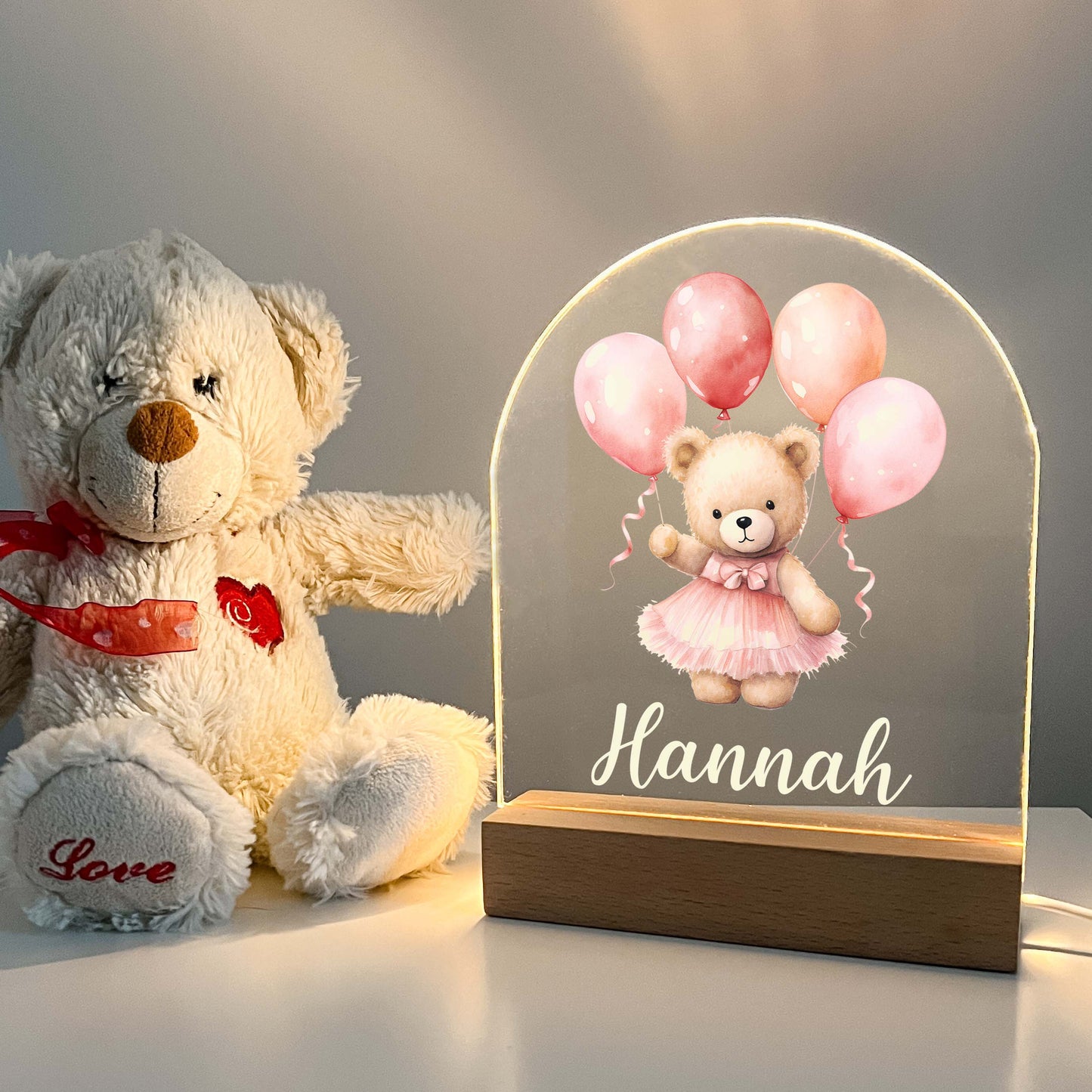 Personalized Cute Baby Pink Bear with Balloons Night LED Lamp For Kids Room, Cute Baby Gift, Custom Girls Boys Night Light, Nursery Decor, Night Light Gift