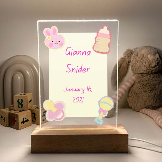 Cute Custom Personalized Name LED Wood Stand Sign Night Light Up Lamp Boys Girls New Baby Birth Stats Name Birthdate Nursery Room Decor Gift