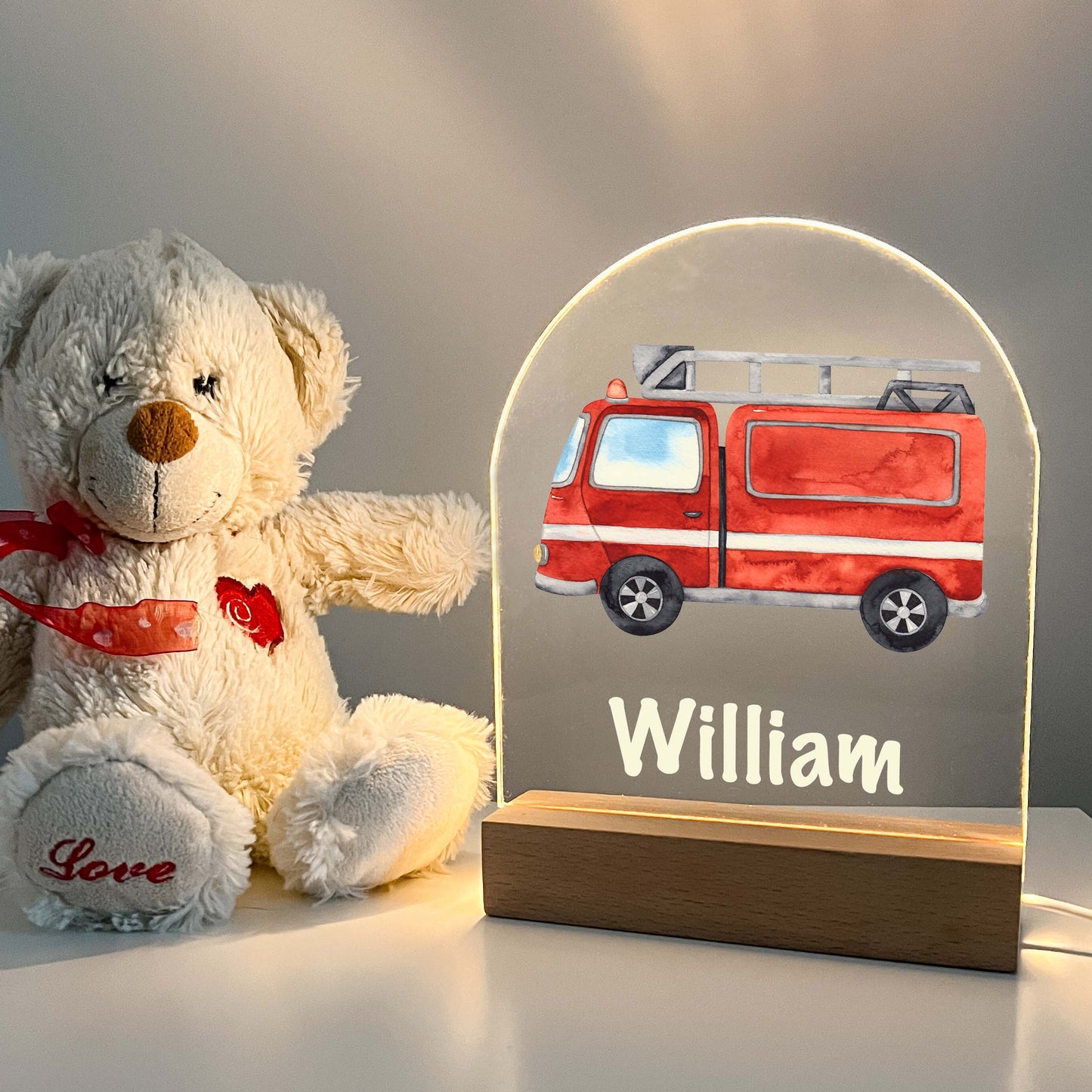 Personalized Custom Fire Engine Truck Firefighter Night Light Up LED Lamp For Kids Room, Nursery Gift, Bedroom Decor, Boys Night Light