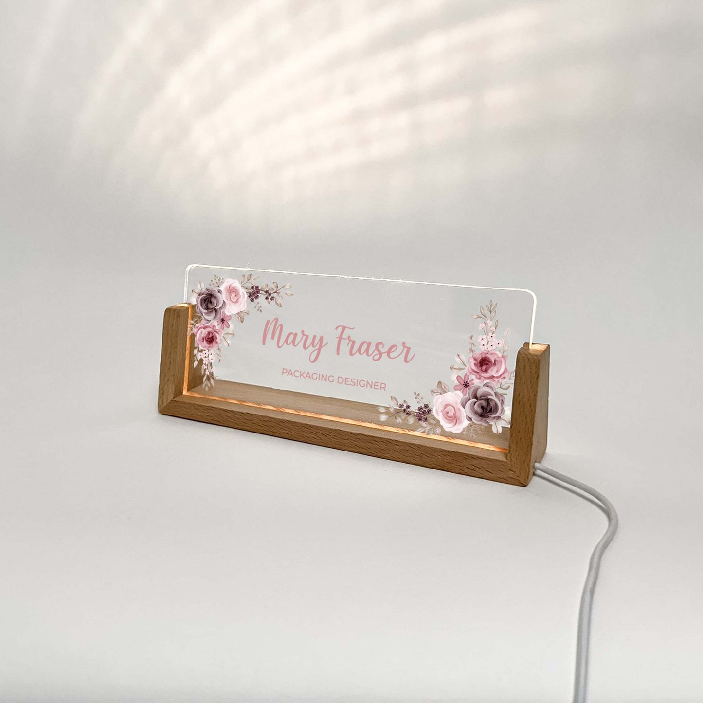 Personalized Desk Name Plate With Wooden Base, Baby pink flowers/roses , Lighted LED Light Nameplate, Desk Accessories, Office Gifts for Boss Coworkers, New Job Gifts