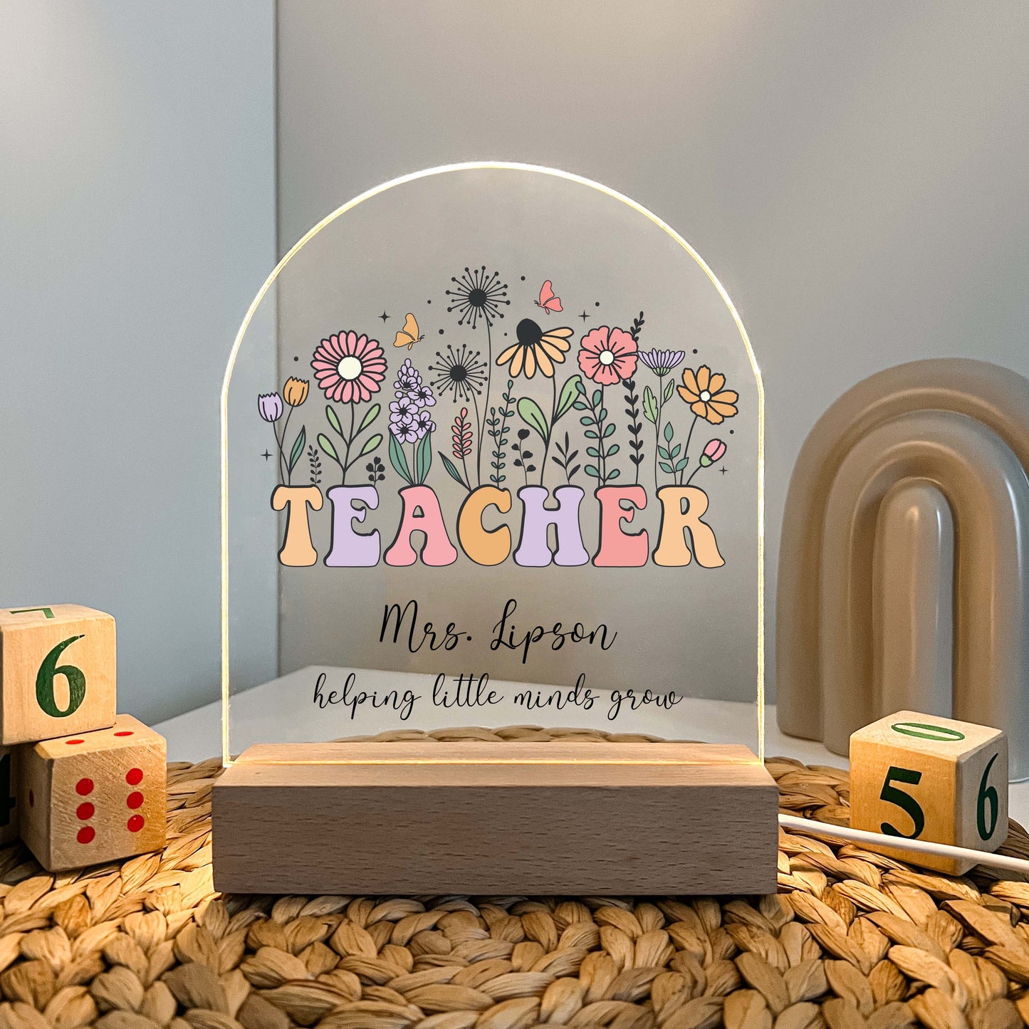 Perfect Teacher Appreciation Gift, Personalized Teacher Desk Name Plate, LED Light with Wooden Lamp, Gift for Teacher, End Of The Year Teacher Thank You Gift