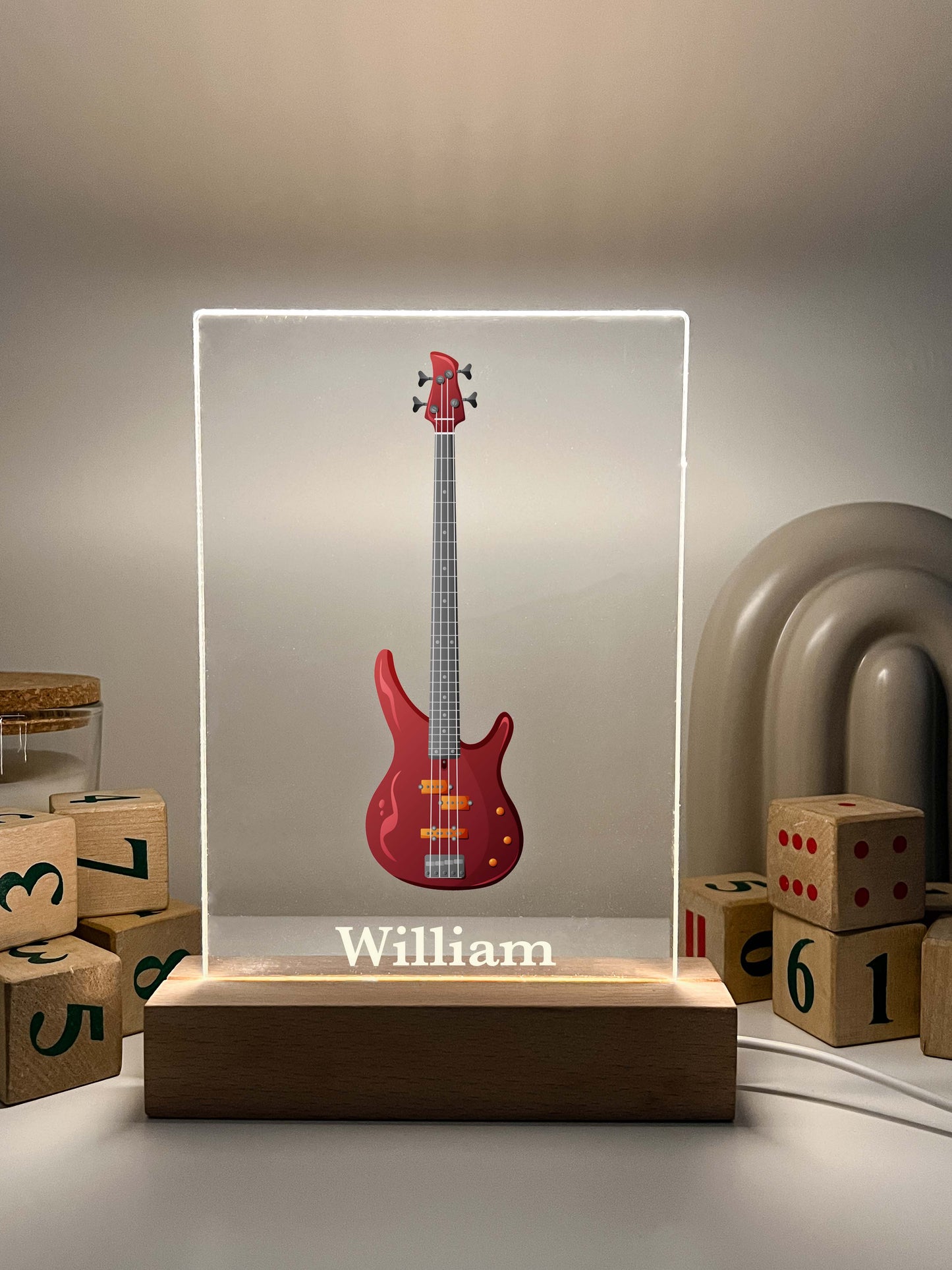 Custom Base Guitar LED Night Light Desk Table Lamp with Wooden Stand Gift for Musicians, Personalized Base Guitar Lamp, Gift for Guitarist, Personalized Free