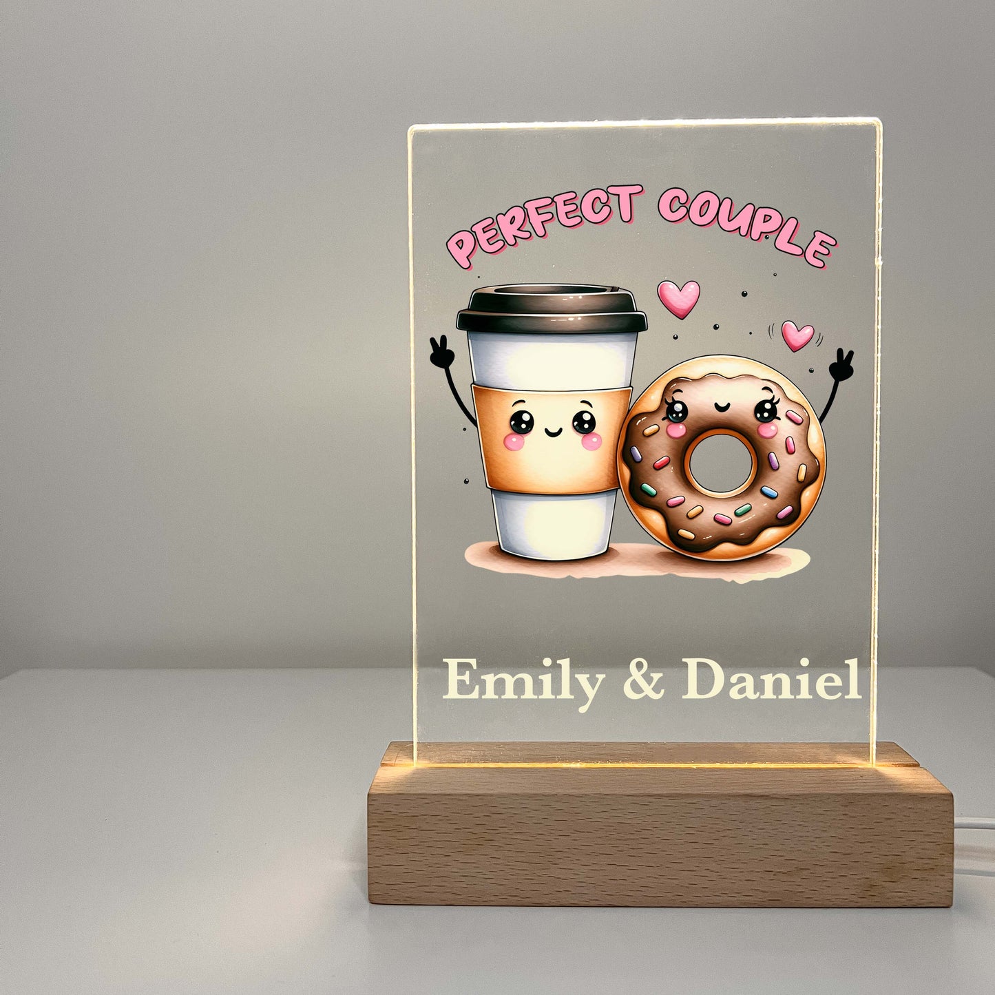 Personalized Coffee & Doughnut Perfect Match Desk Stand Light Up LED Lamp with Wooden Stand, Valentines Gift, Couples gift, Gift for her, Anniversary Gift