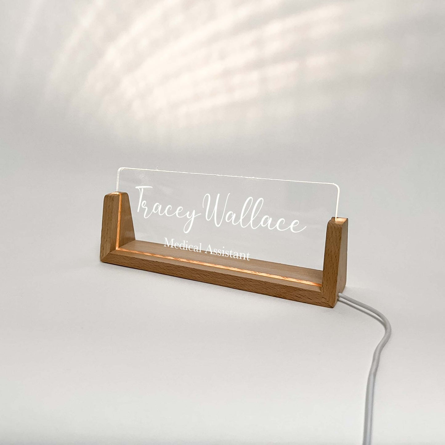 Personalized Desk Name Plate With Wooden Base, script, Lighted LED Light Nameplate, Desk Accessories, Office Gifts for Boss Coworkers, New Job Gifts