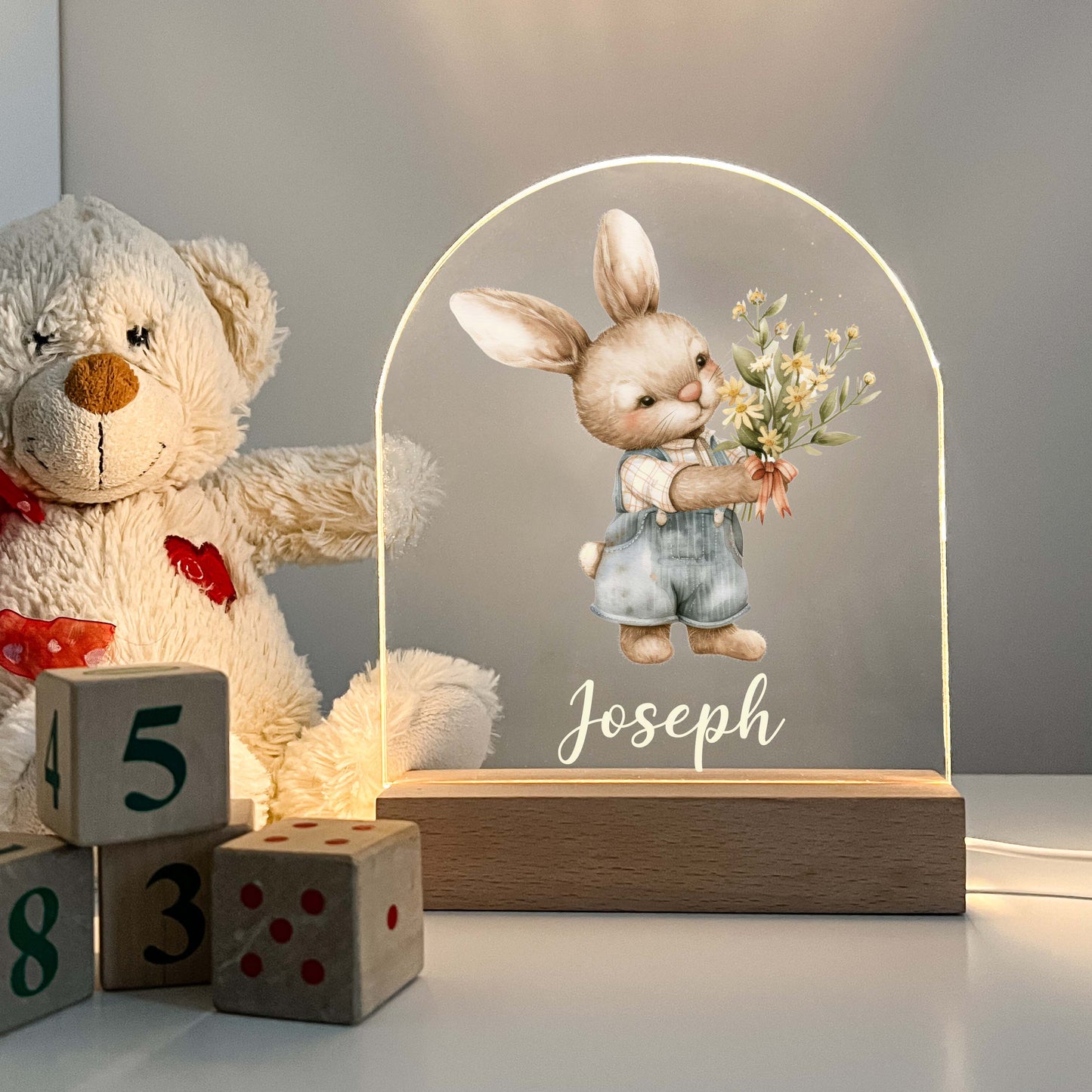 Too Cute To Resist Bunny Rabbit Night Light Up Table Lamp Wood Base LED Personalized Kids Childs Room Gift, Bedroom Decor, Boys Night Light