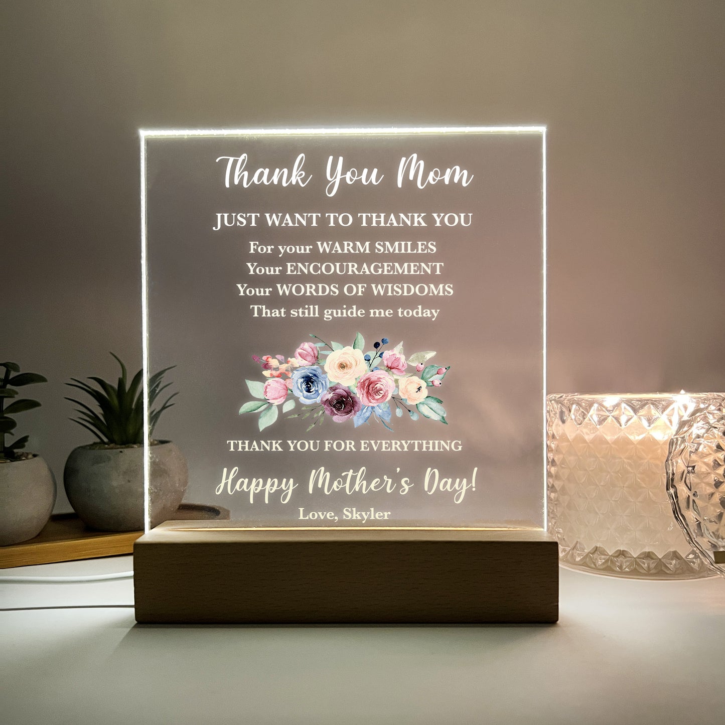 Personalized Custom LED Wood Stand Frame Night Light Up Lamp, Gift For Mom, Words With Love Thank You Mom For Everything, Happy Mother's Day