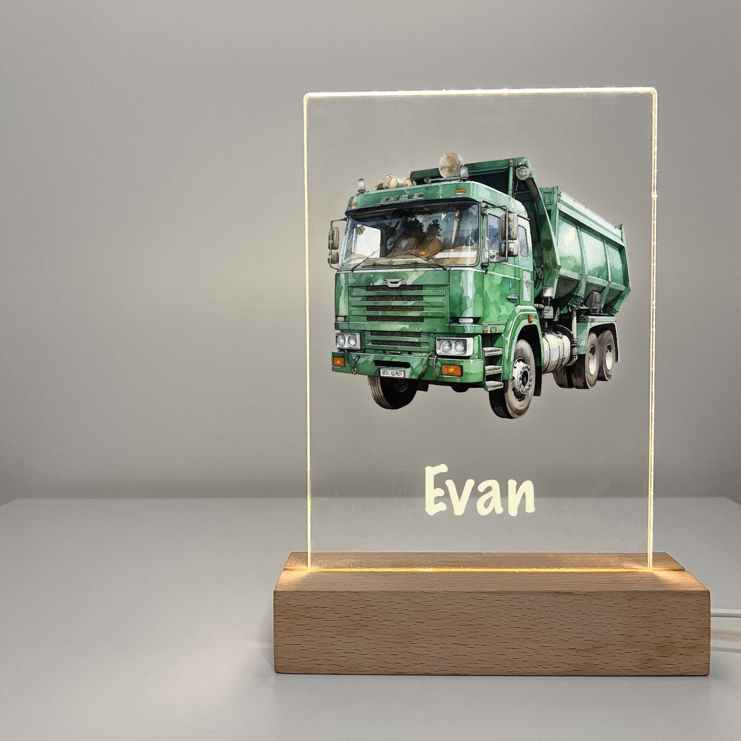 Personalized Boys Garage Truck LED Lamp with Wooden LED Stand, Sanitation Garbage Trash Truck Dumping Trailer Heavy Duty Equipment Themed Gift