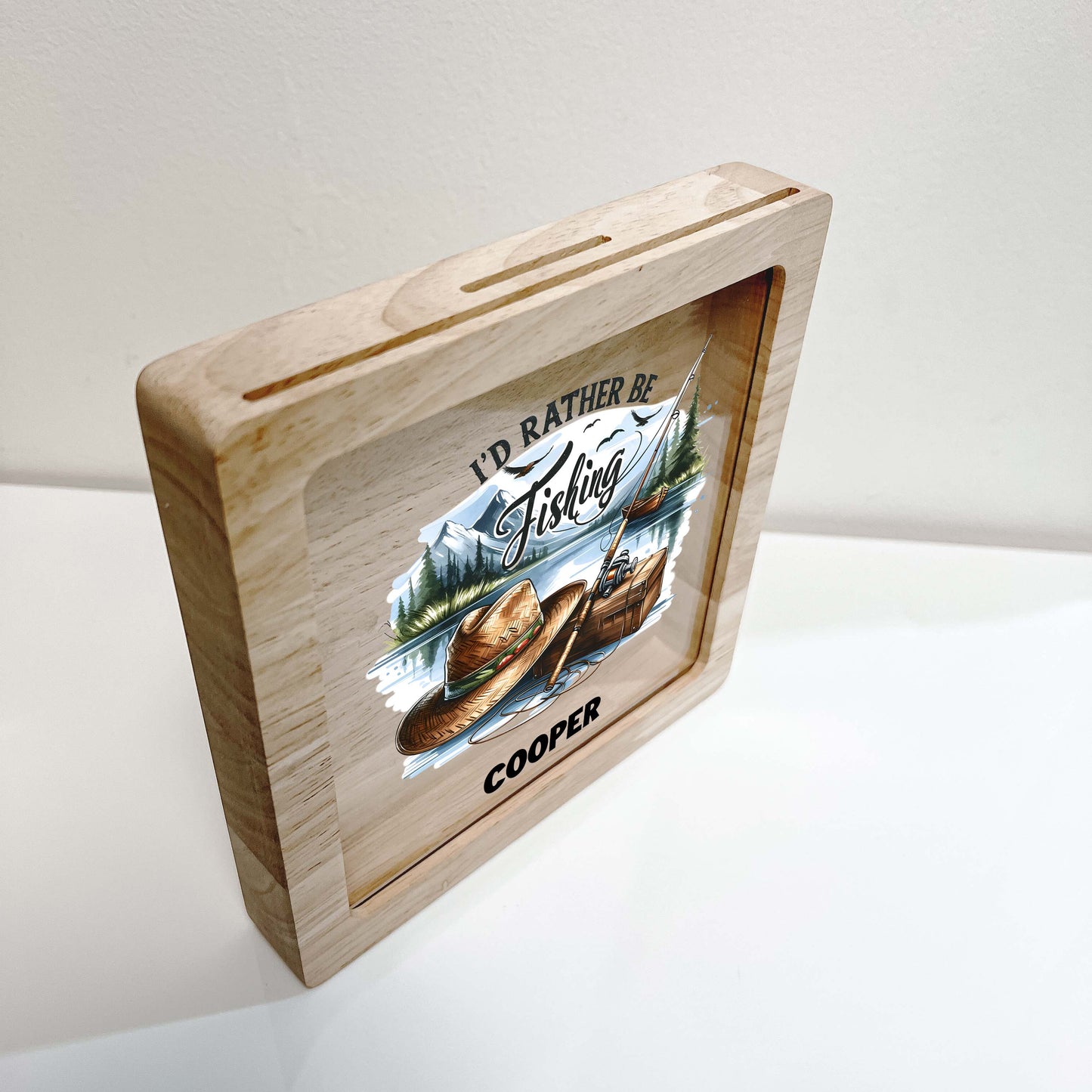 Personalized Savings Bank Jar for Boys Custom Name Money Box Catching Fish Gone Fishing I'd Rather Be Fishing Themed Boy Man Fisherman Gift