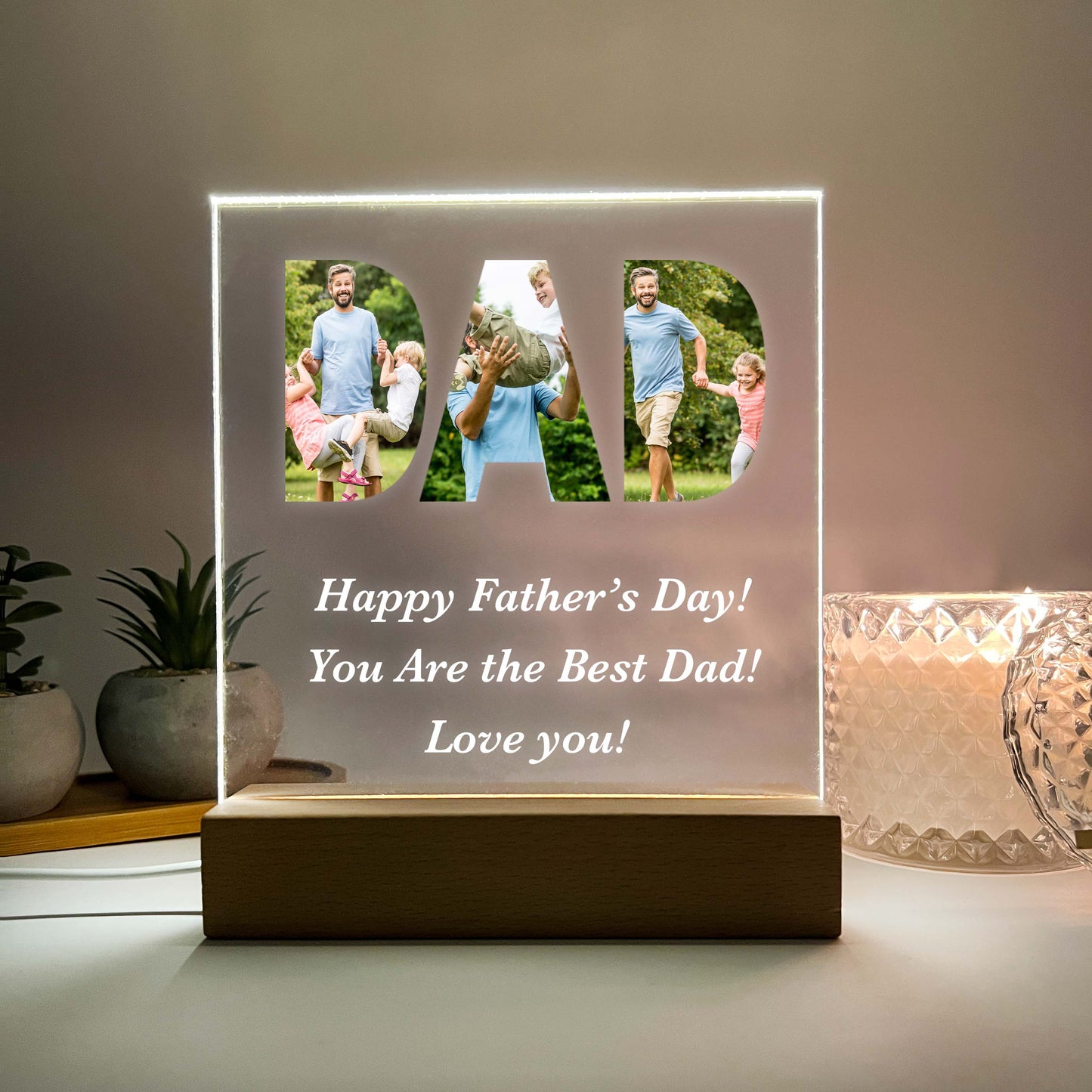 Personalized Happy Father's Day Gift, LED lamp with Wooden Stand, Custom Picture Frame, Father Daughter Photo Gift, Fathers Day Gift From Daughter, Gift For Dad, LED Light Up