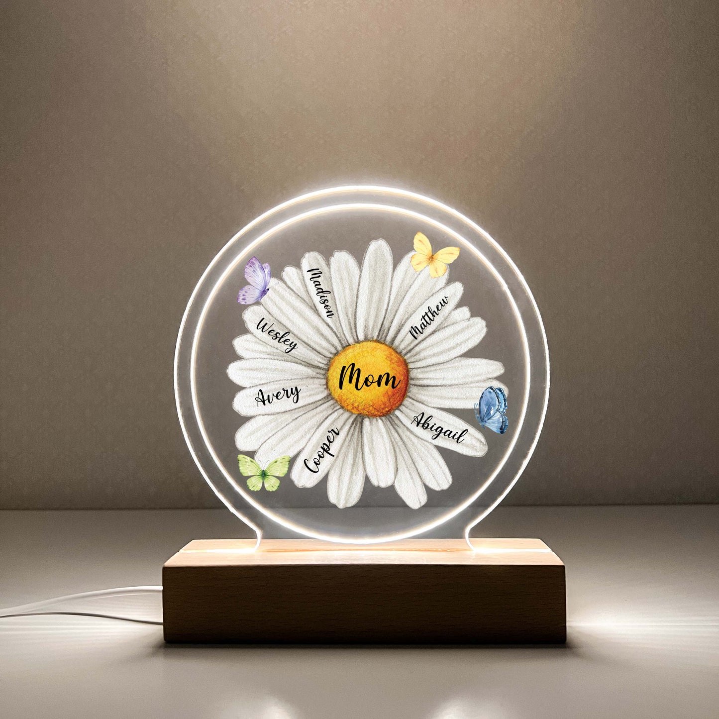 Custom LED Wood Stand Personalized Daisy Blossom Night Light Up Lamp for Moms, Mommy Mama & Grandmas Nana Mema - Children's Name on Pedals