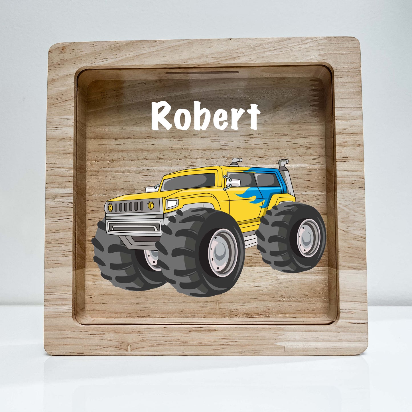 Personalized Savings Piggy Bank Boys Room Decor Custom Name Money Box Monster Jam Truck 4x4 Jumps & Stunts Heavy Duty Equipment Themed Gift