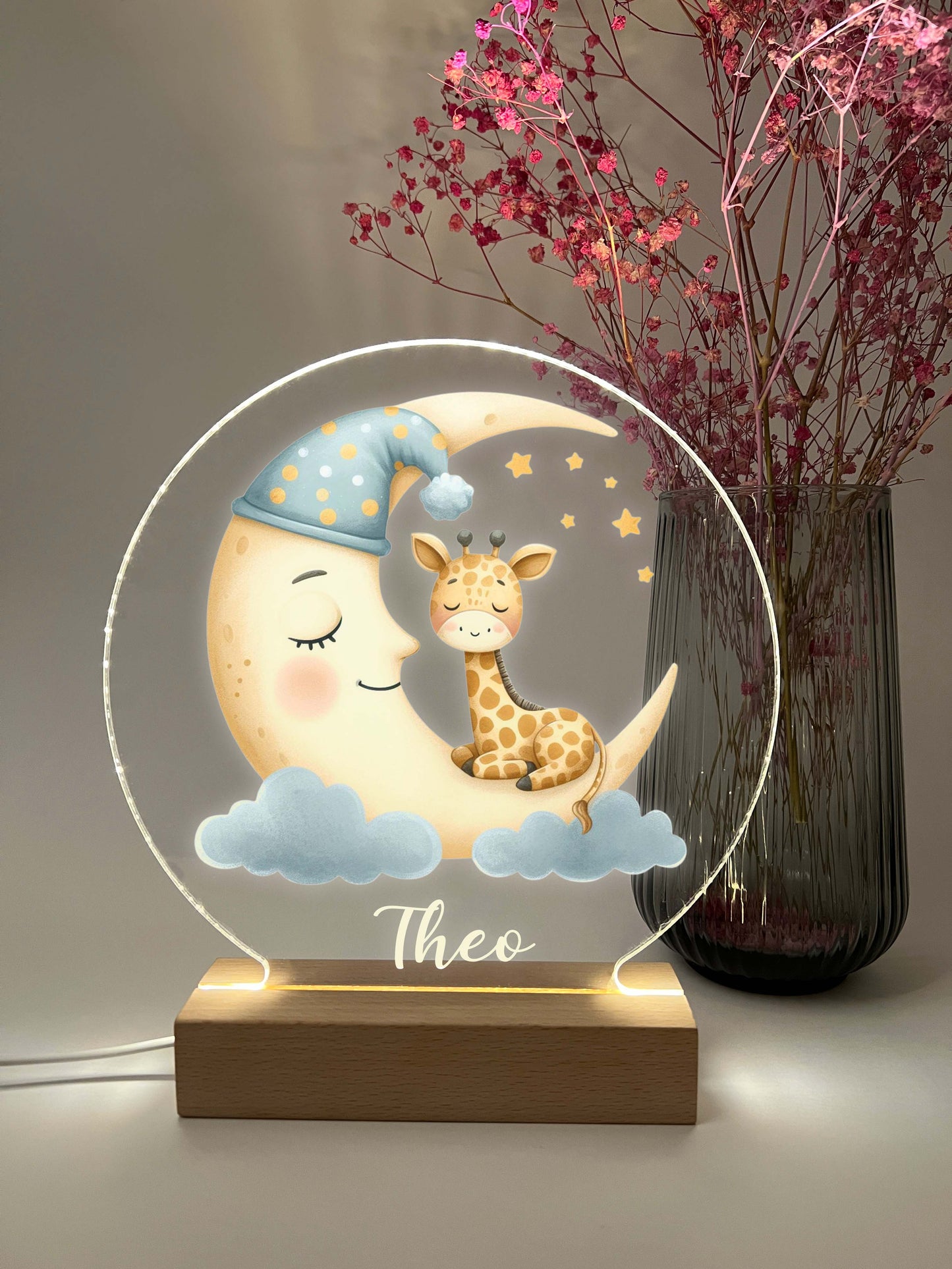 Personalized Cute Baby Giraffe and Moon Night LED Lamp For Kids Room, Cute Baby Gift, Custom Girls Boys Night Light, Nursery Decor, Night Light Gift,