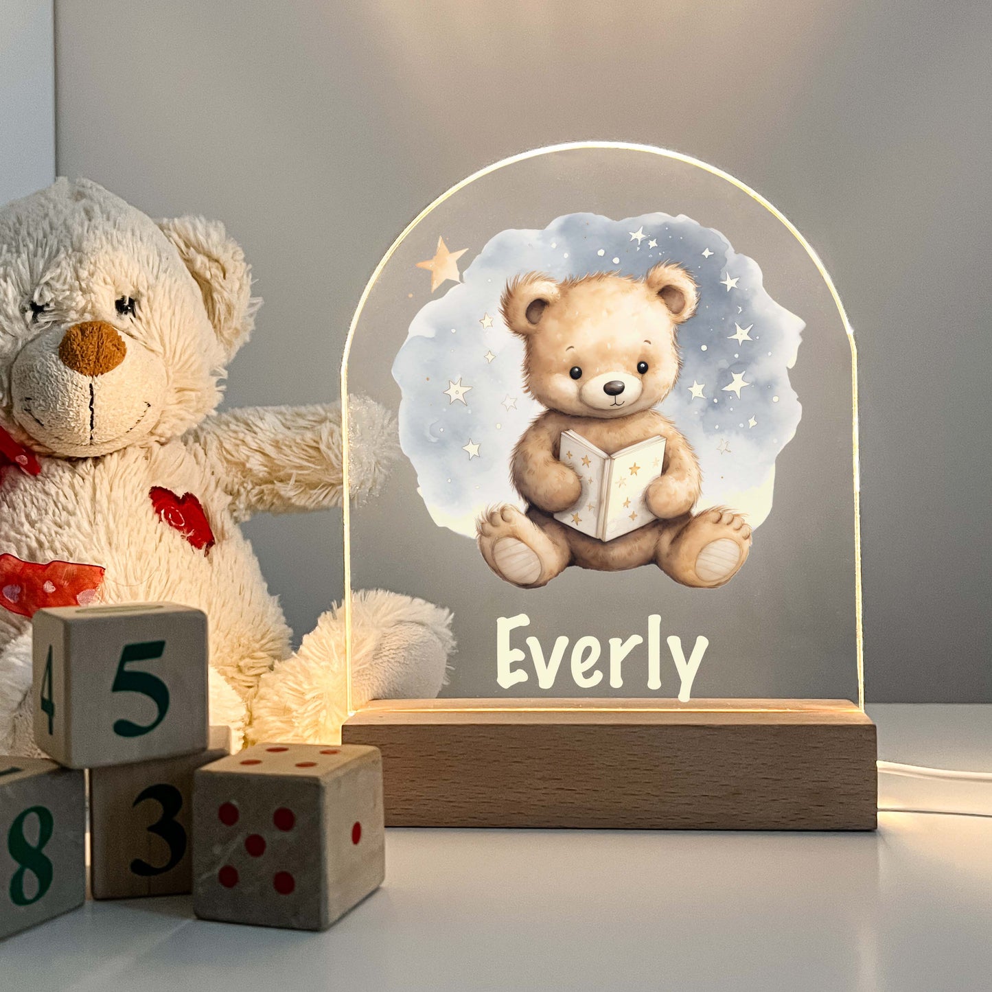 Personalized Teddy Bear Bedtime Book Story Night LED Lamp For Kids Room Baby Nursery Gift, Girls Boys Night Light, Bedroom Decor