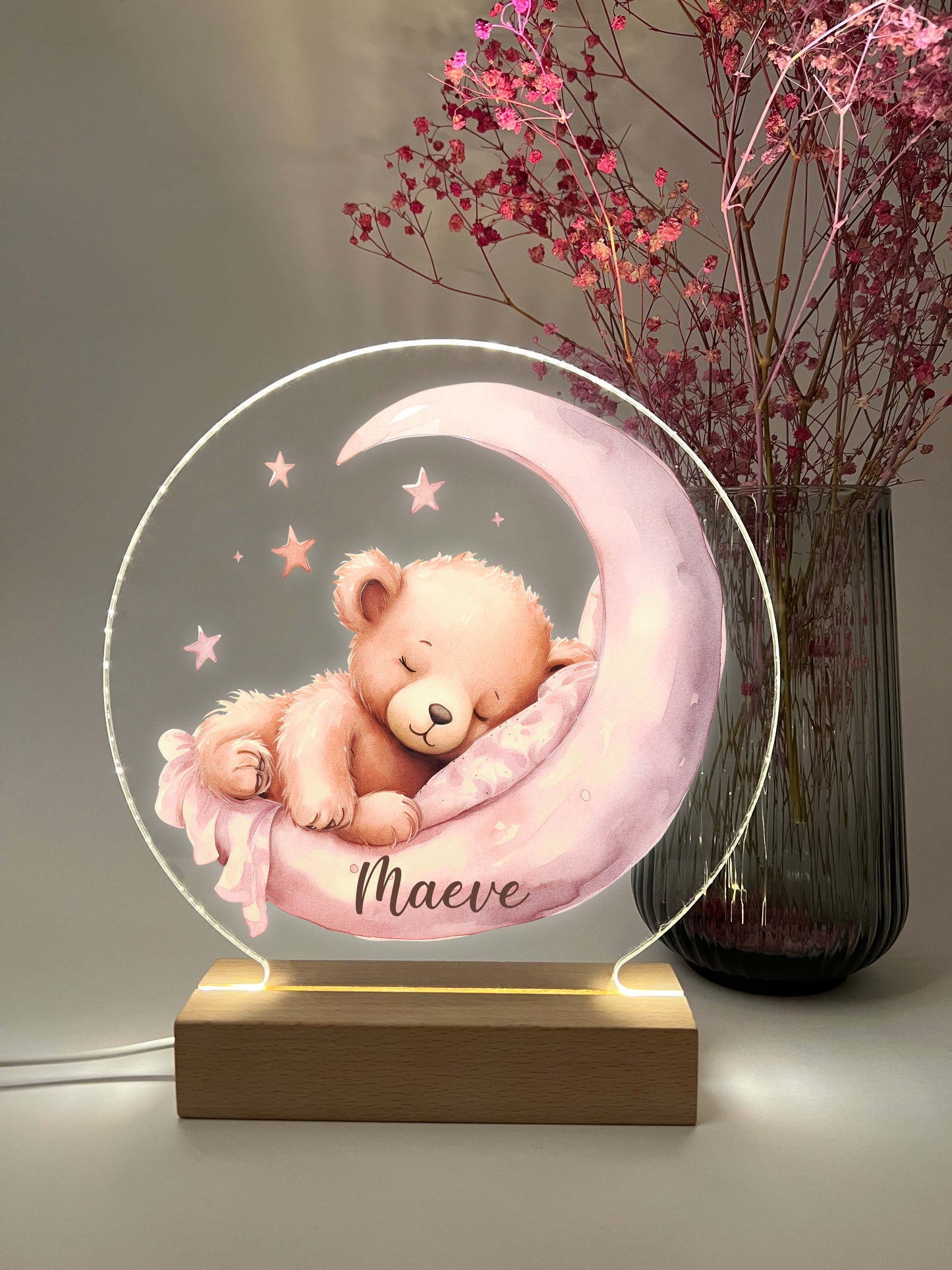 Personalized Cute Baby Pink Sleeping Bear Night LED Lamp For Kids Room, Cute Baby Gift, Custom Girls Boys Night Light, Nursery Decor, Night Light Gift, not arched