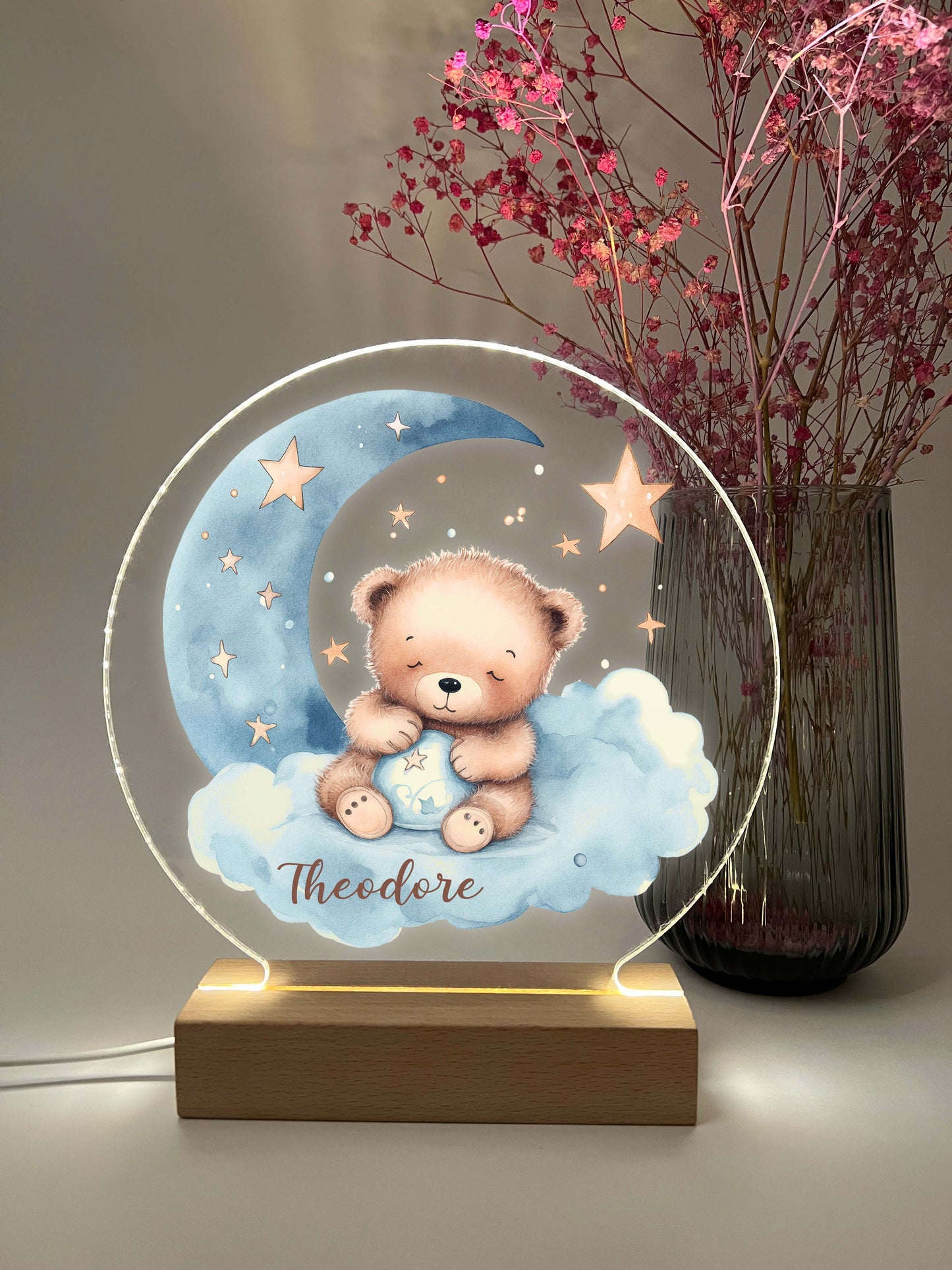 Personalized Cute Baby Blue Sleeping Bear Night LED Lamp For Kids Room, Cute Baby Gift, Custom Girls Boys Night Light, Nursery Decor, Night Light Gift, not arched