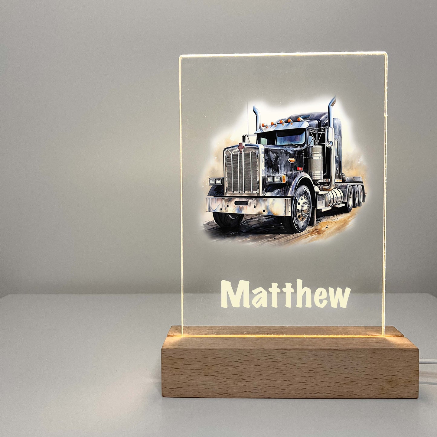 Personalized LED Wood Stand Night Light Up Table Lamp Boys Room Decor Heavy Duty Semi Truck Tractor Trailer, 18 Wheeler, Trucker's Best Gift