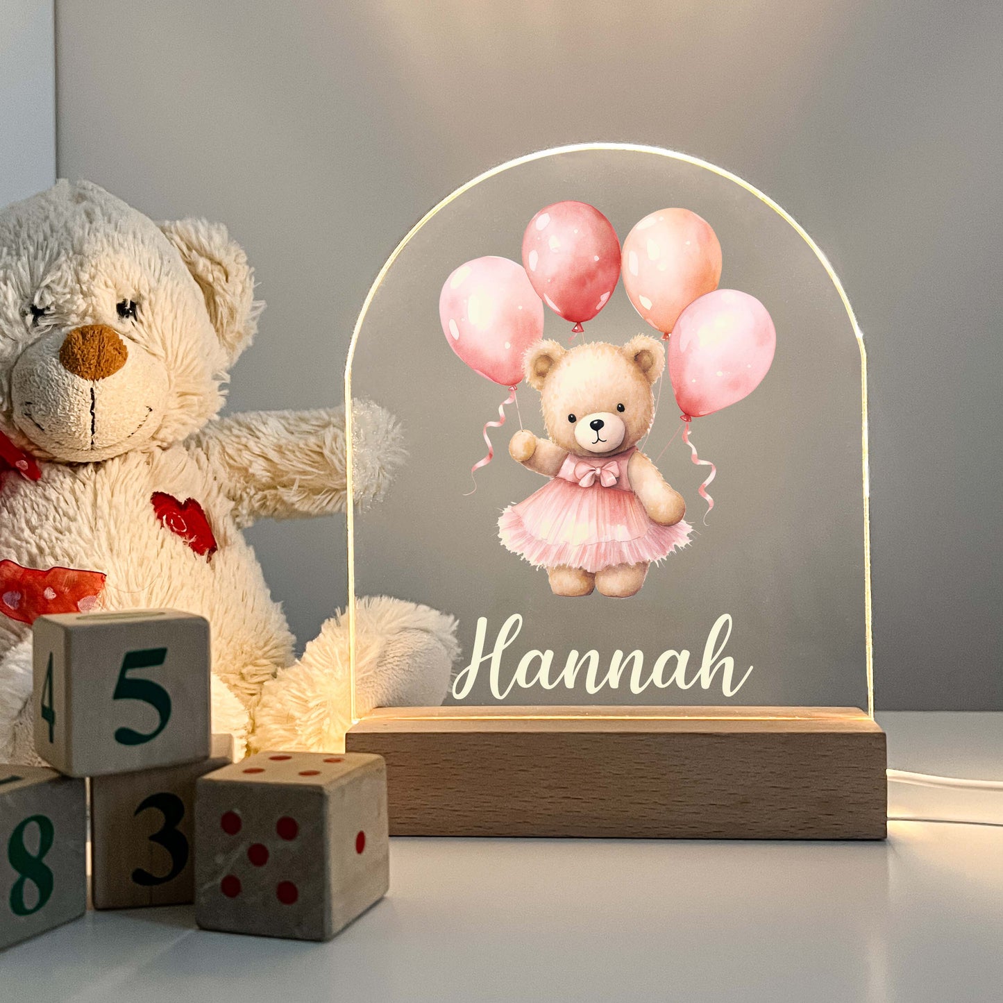 Personalized Cute Baby Pink Bear with Balloons Night LED Lamp For Kids Room, Cute Baby Gift, Custom Girls Boys Night Light, Nursery Decor, Night Light Gift