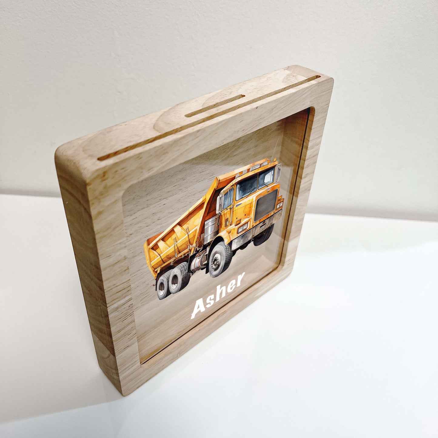 Personalized Savings In Style Piggy Bank Boys Custom Name Money Box Construction Dump Truck Dumping Trailer Heavy Duty Equipment Themed Gift