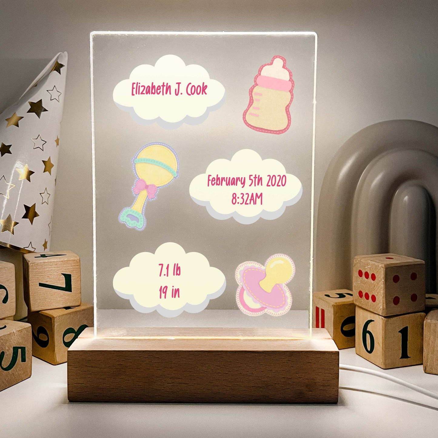 Cute Custom Personalized Name LED Wood Stand Sign Night Light Up Lamp Boys Girls New Baby Birth Stats Name Birthdate Nursery Room Decor Gift