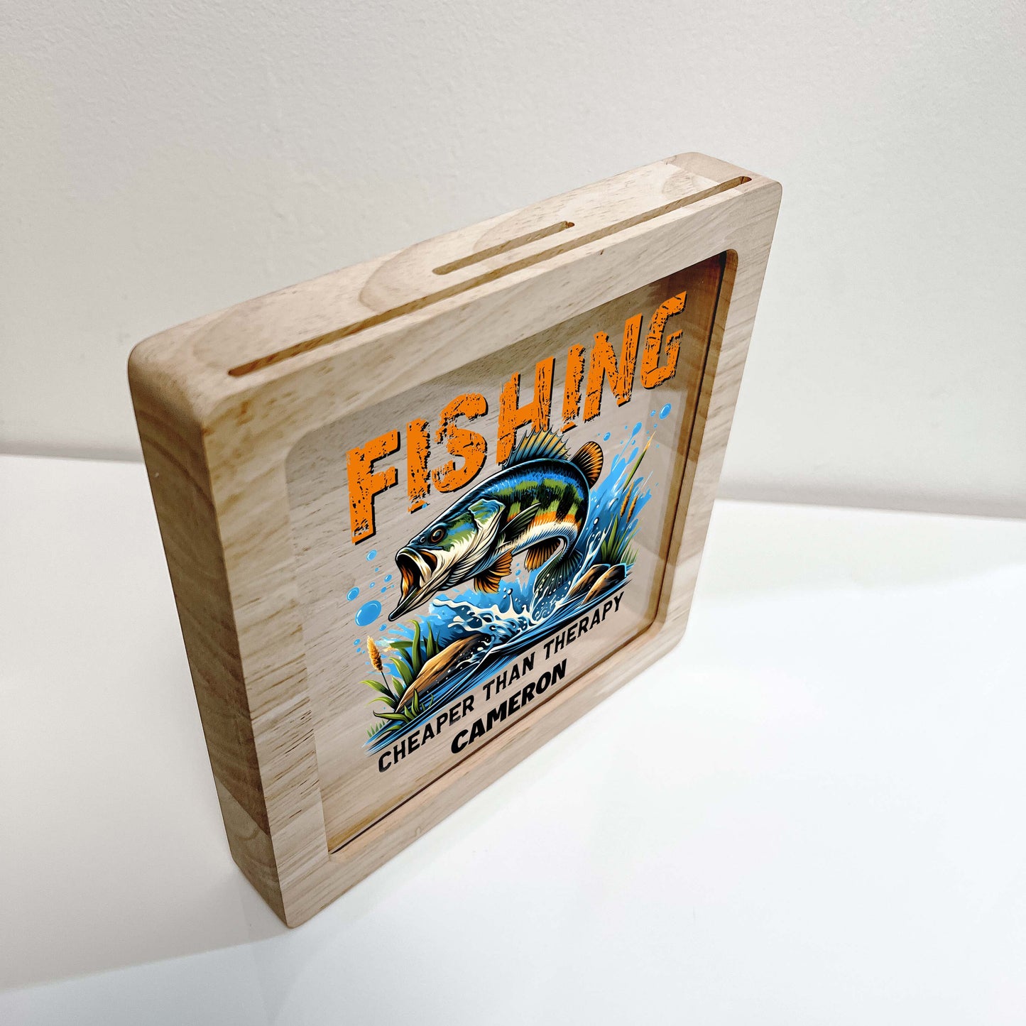 Personalized Savings Piggy Bank for Boys Custom Name Money Box Catching Fish Gone Fishing Cute Fishing Themed Nursery Toddler Boys Room Gift